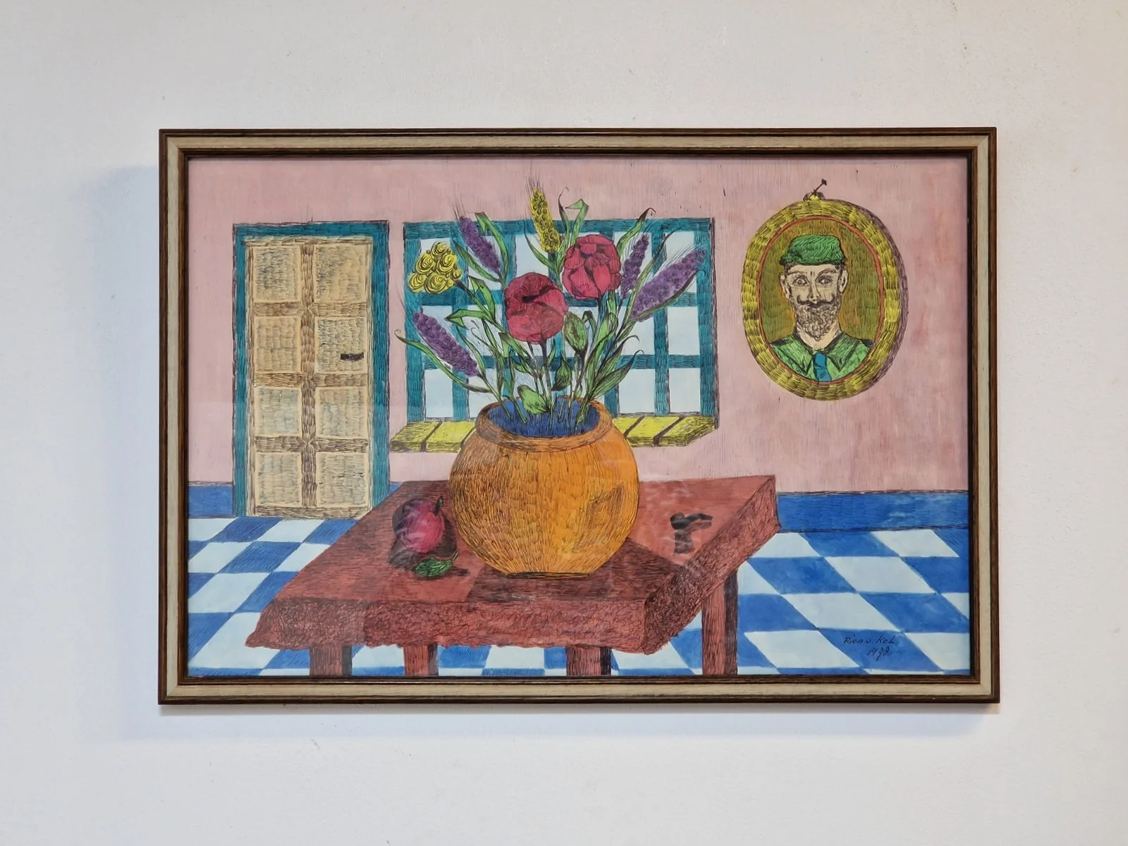Vintage modern framed pen drawing by Rien van Kol  ‘70