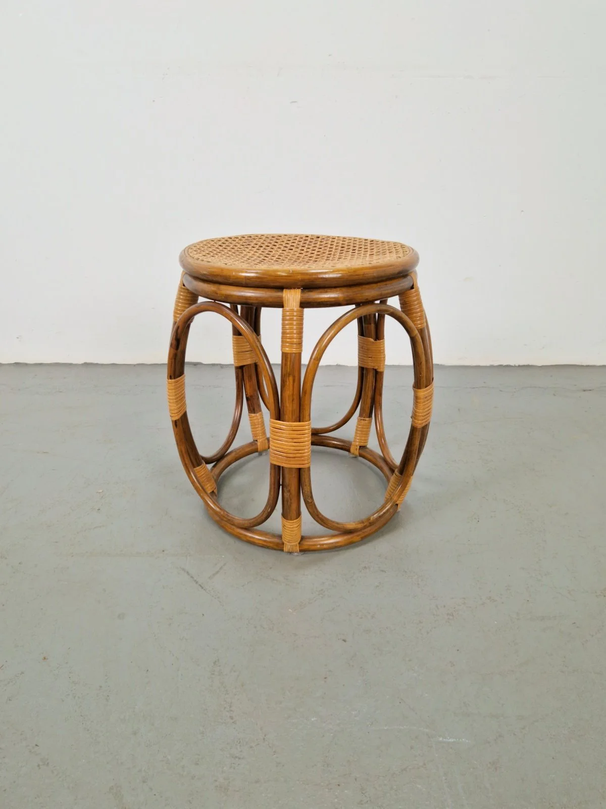 Round Bentwood and Rattan Webbing Stool, 1970s