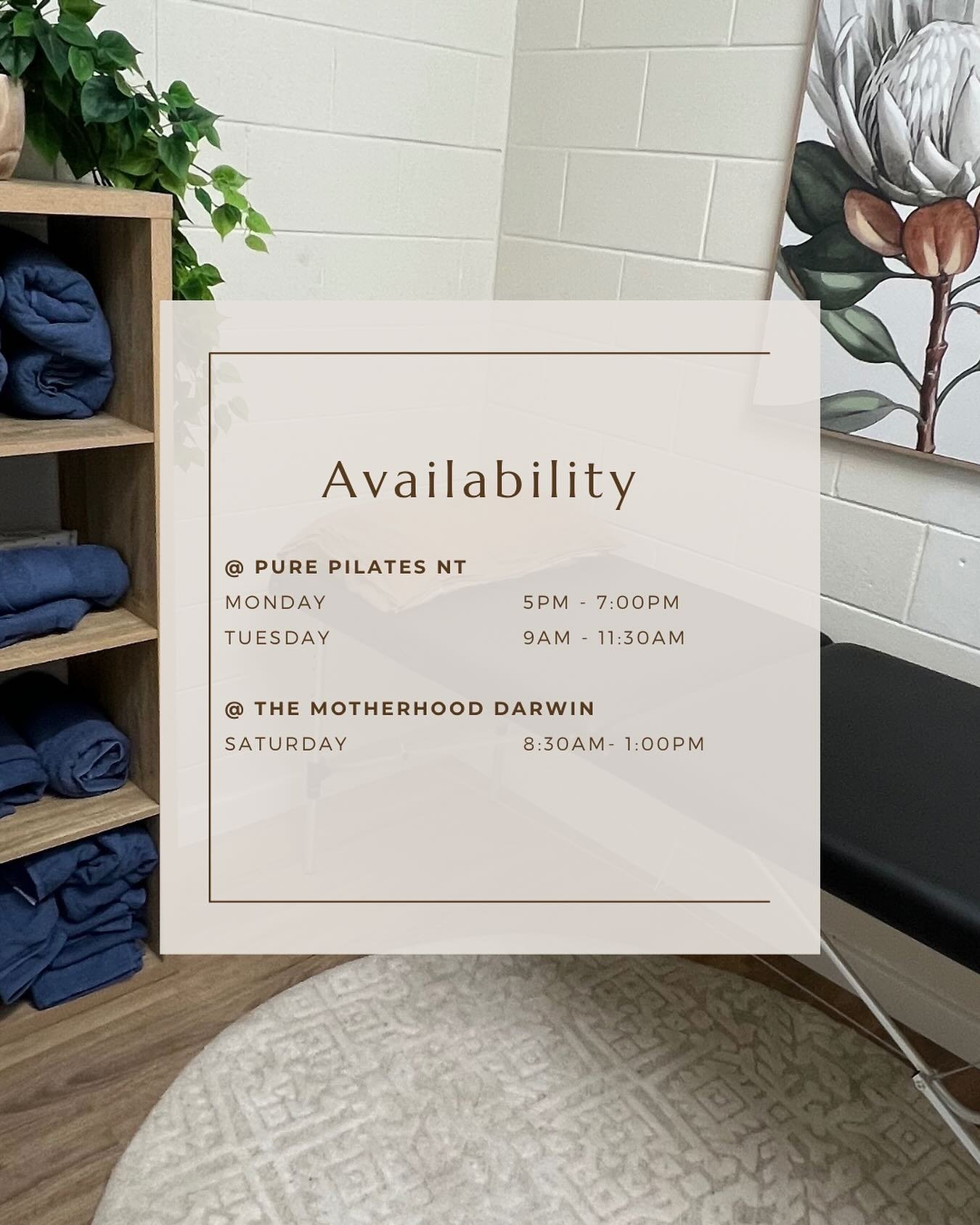 Physio appointments available in Darwin and Coolalinga, servicing our whole community ✨ 

Don&rsquo;t miss out on your appointments, limited spots available. 

Monday and Tuesday @pure_pilates_nt 🤸🏽&zwj;♀️ 
Saturday @themotherhood_darwin 🤱