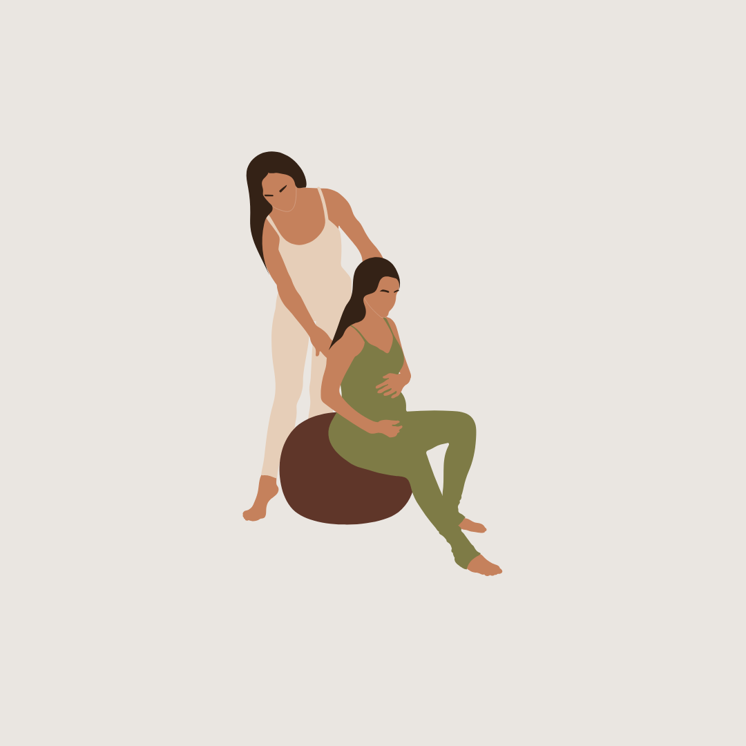 Illustration of a pregnant woman seated on a pouf, with another woman standing behind her, gently holding her shoulders in a supportive manner.