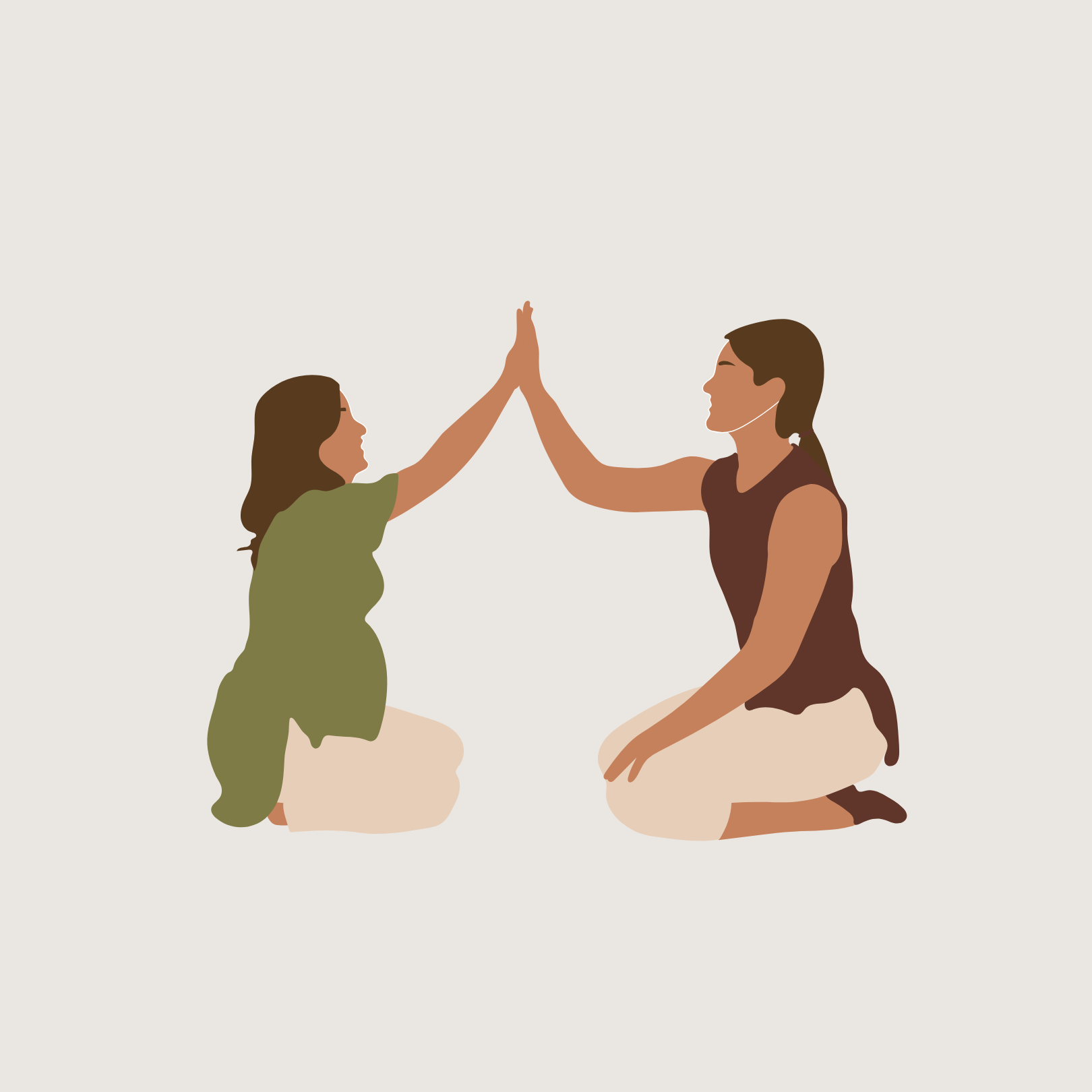 Illustration of two women practicing yoga, kneeling face-to-face, with one woman wearing a green top and the other a brown top, both raising one arm to touch palms.