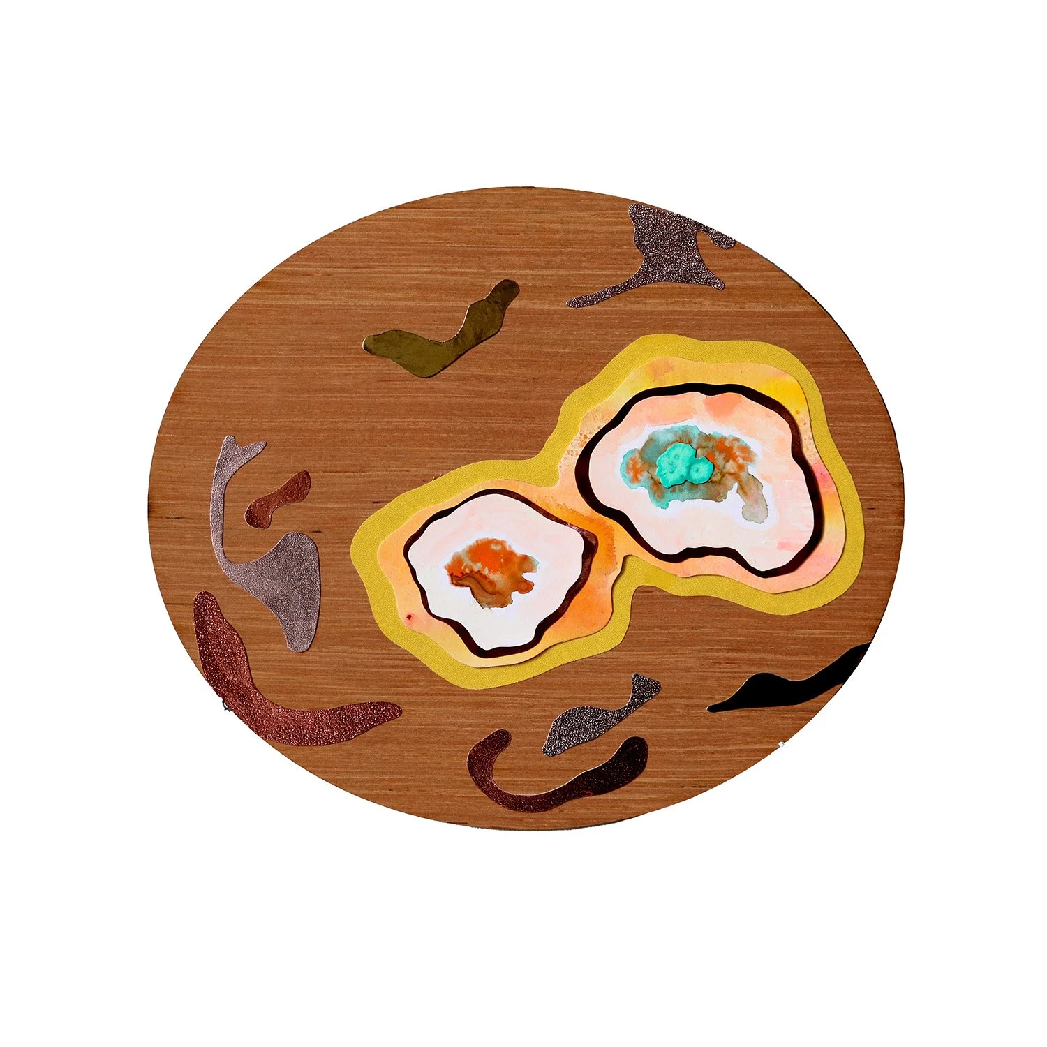 Islands 2025 (collage - ink, paint, paper, mirror card on wood 33x28cm)