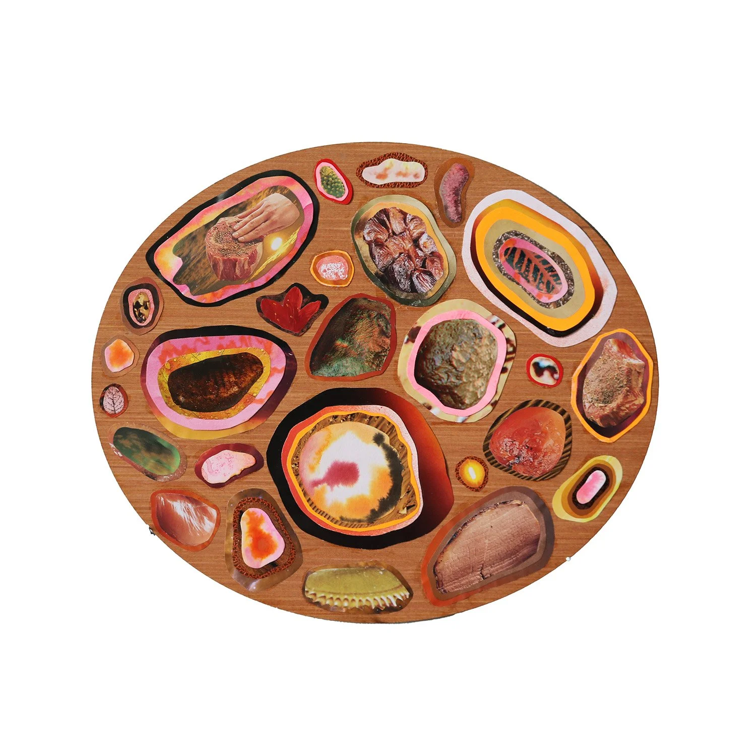 Meat Agate 2024 (collage - ink, paint, paper, mirror card on wood 33x28cm)