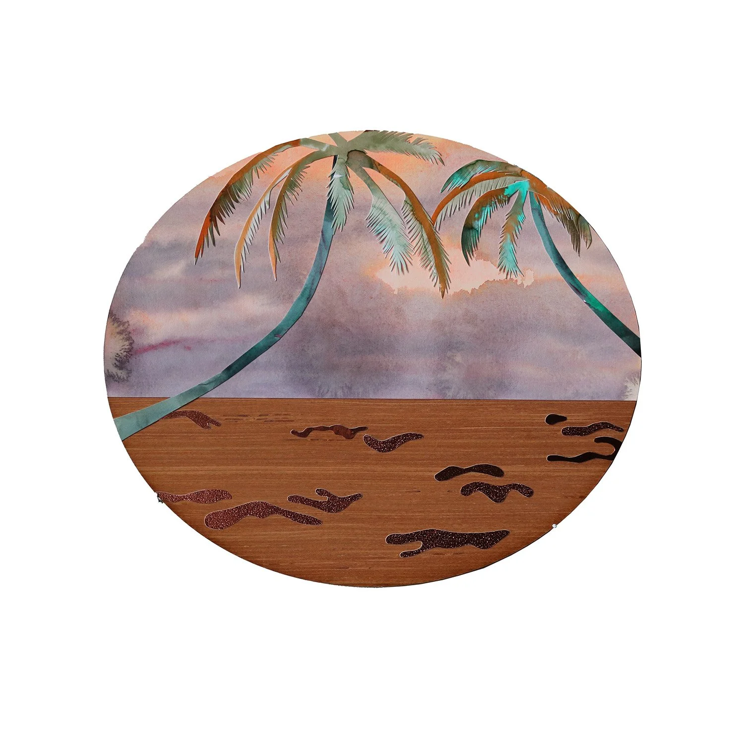 Palm Trees 2025 (collage - ink, paint, paper, mirror card on wood 33x28cm)