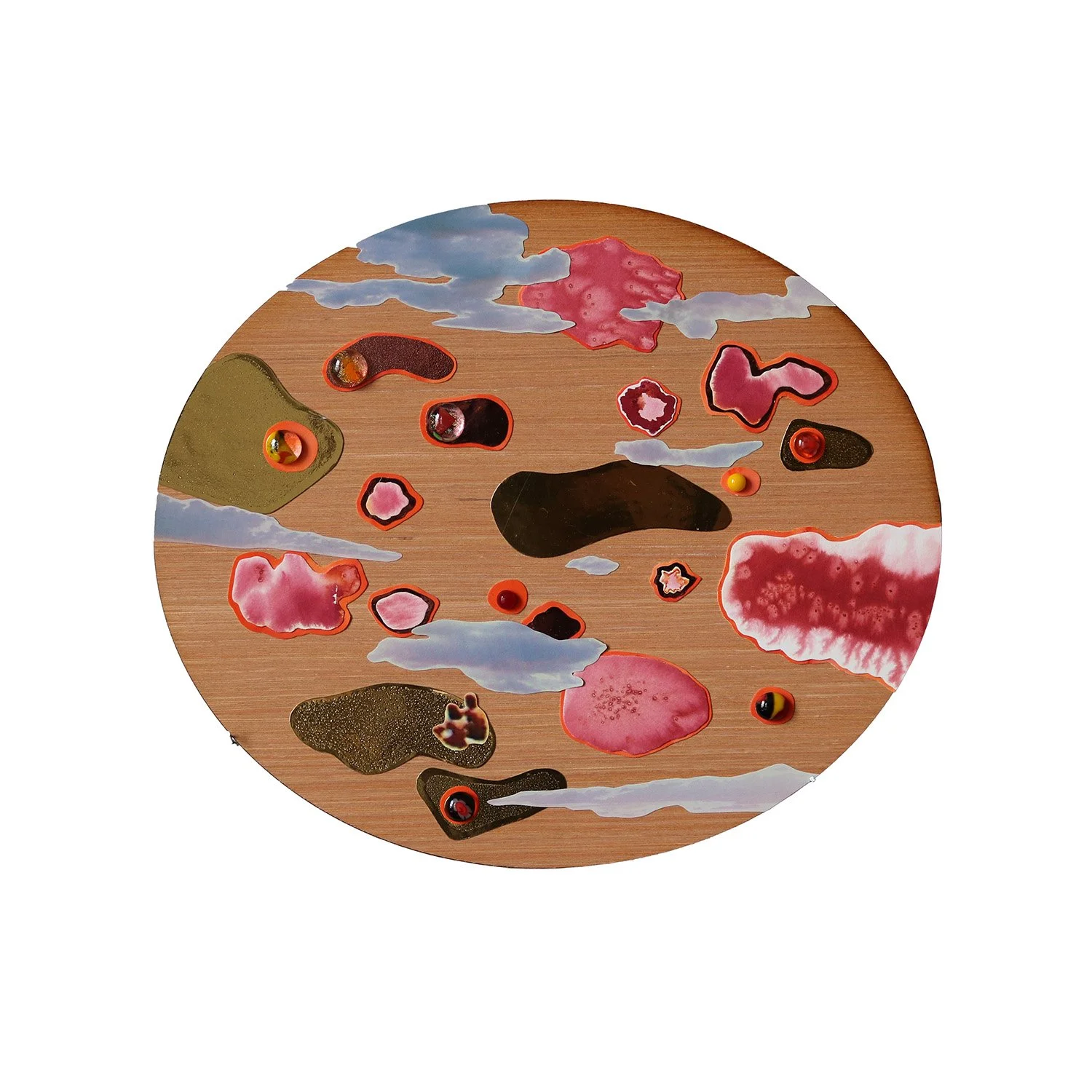 Floating Pink Clouds 2024 (collage - ink, paint, paper, mirror card, fused glass on wood 33x28cm)