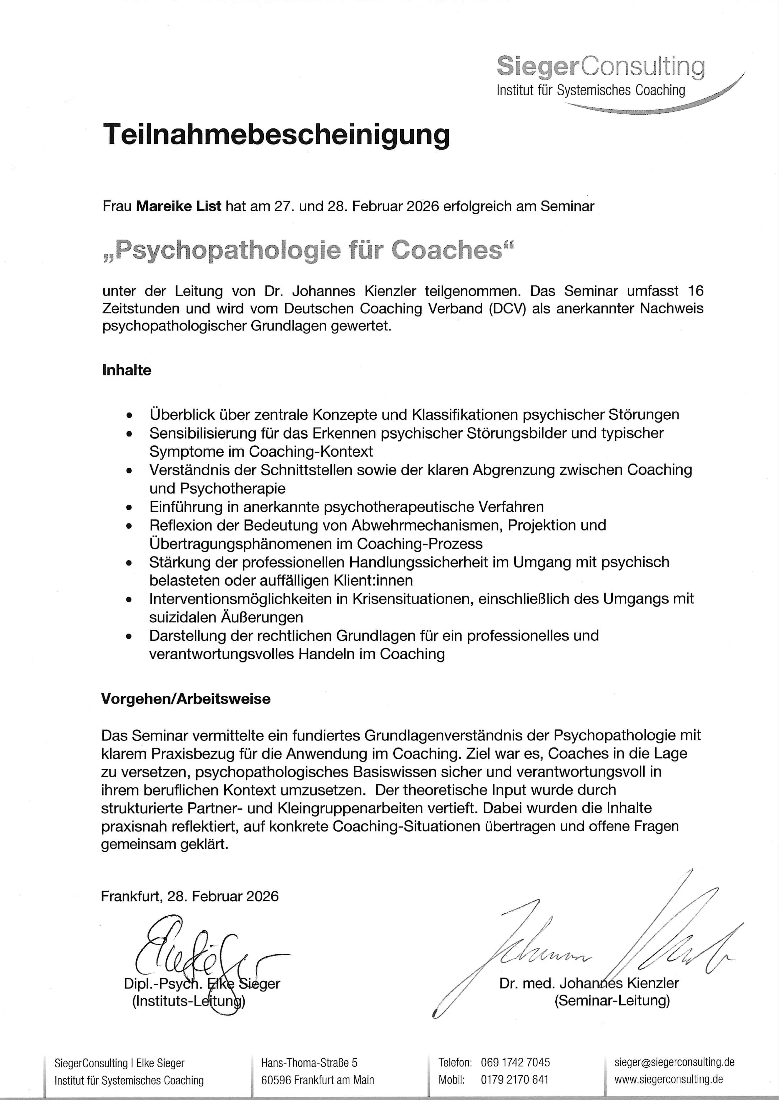 Zertifikat Seminar "Psychopathologie für Coaches, Mareike List