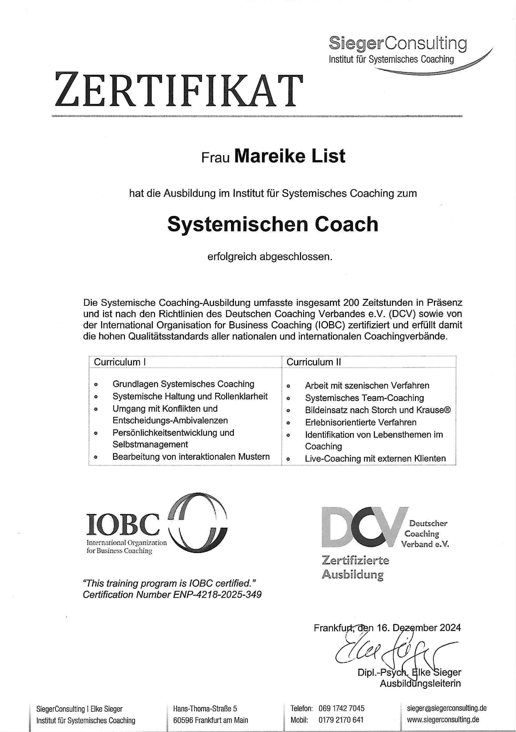 Zertifikat Coaching-Ausbildung DCV IOBC Mareike List