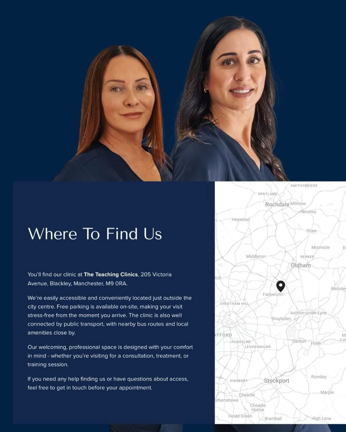 Where To Find Us &ndash; The Teaching Clinics, Manchester

We&rsquo;re proud to offer a welcoming, professional space at The Teaching Clinics, just outside Manchester city centre &mdash; easy to get to whether you&rsquo;re travelling by car or public