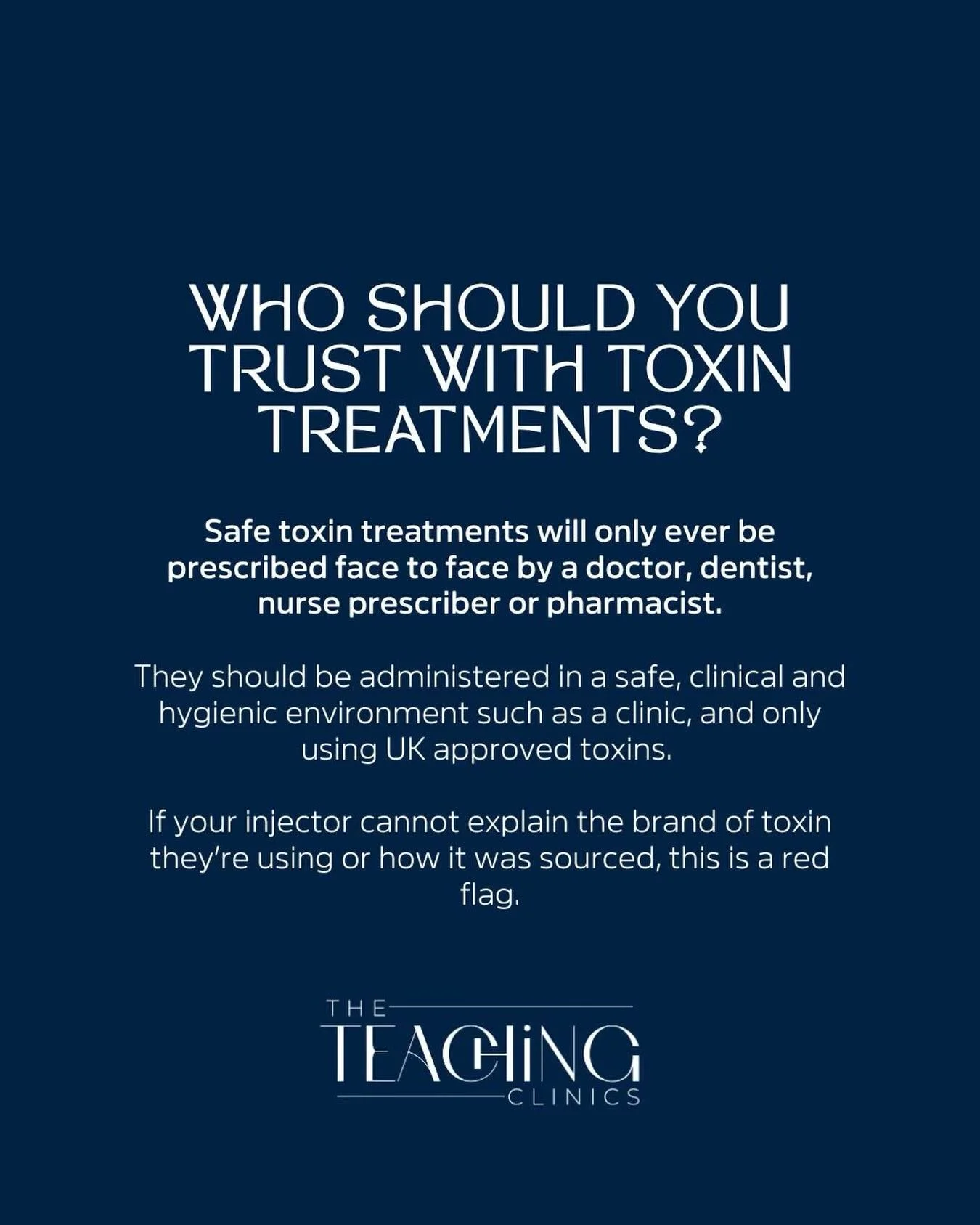 Who should you trust with injectable treatments?

Safe aesthetic practice should always involve:
&bull; A face-to-face medical consultation with a qualified prescriber
&bull; Treatment carried out in a clean, clinical environment
&bull; Approved prod