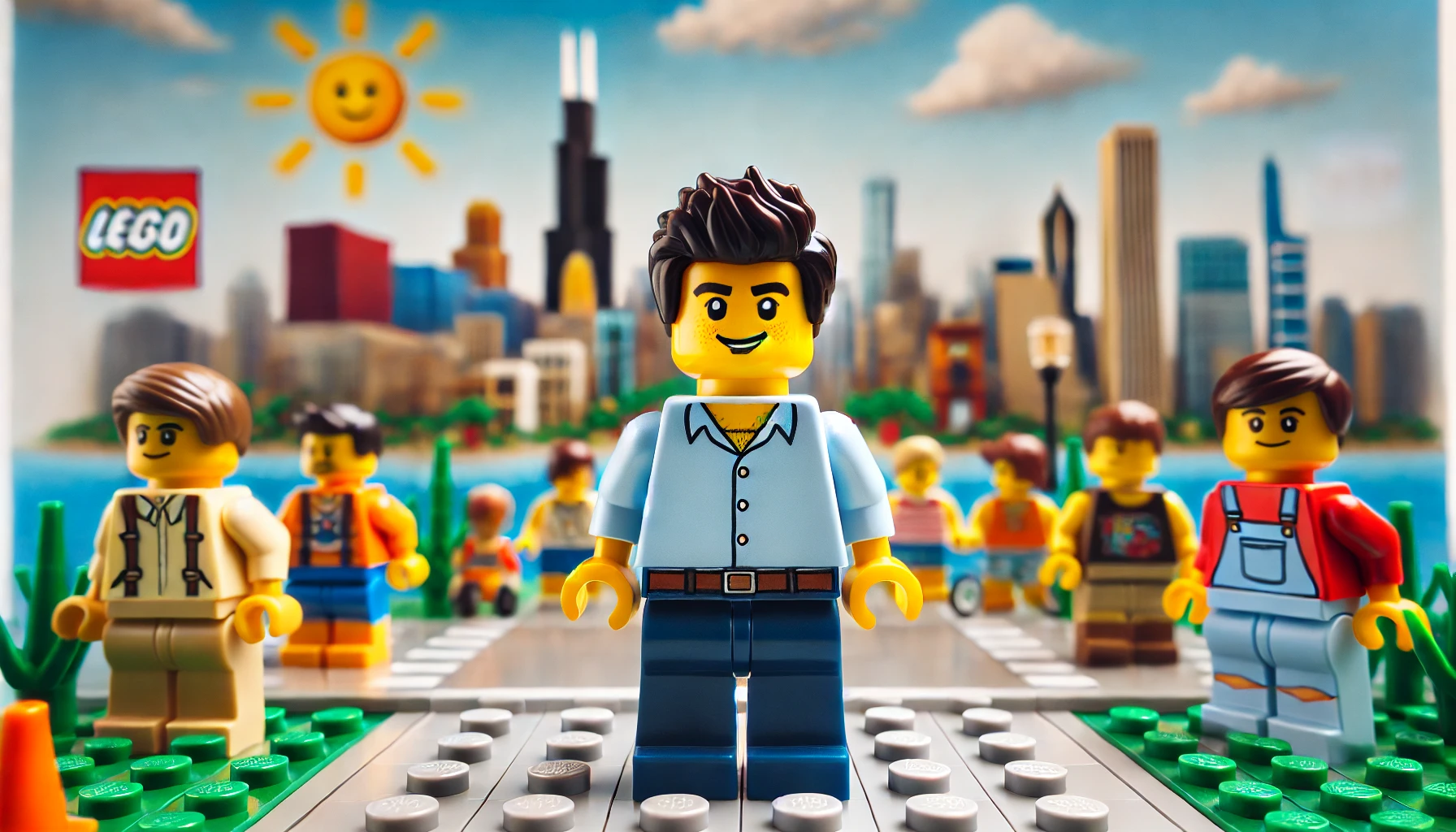 brandon condict as lego minifigure in chicago with lake michigan