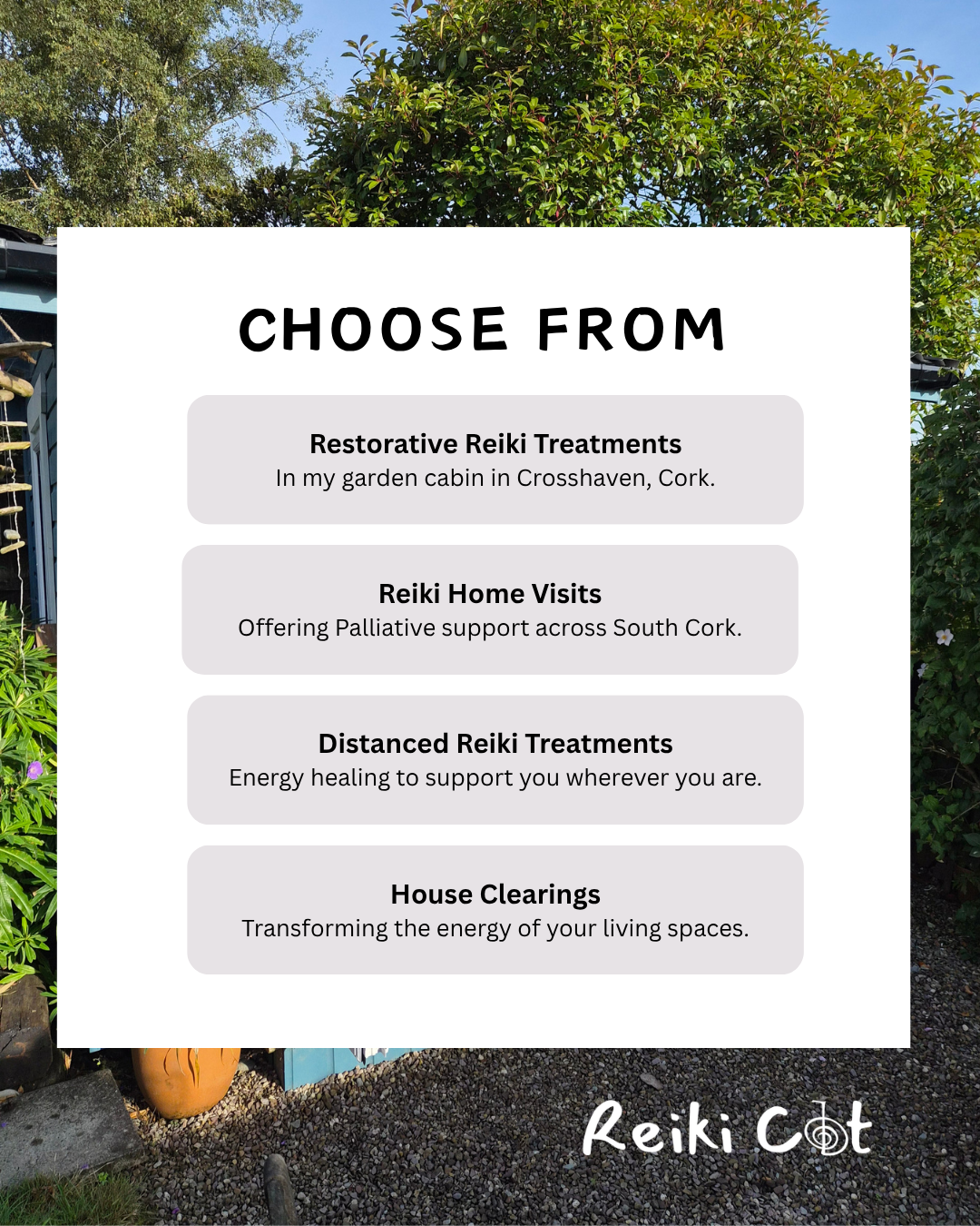 A sign outdoors in a garden setting listing four Reiki services you can choose from: Restorative Reiki Treatments, Reiki Home Visits, Distanced Reiki Treatments, and House Clearings.