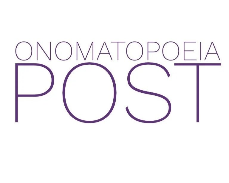 The image features the words 'ONOMATOPOEIA POST' written in purple, with 'ONOMATOPOEIA' in a thin, tall font and 'POST' in large, bold letters.