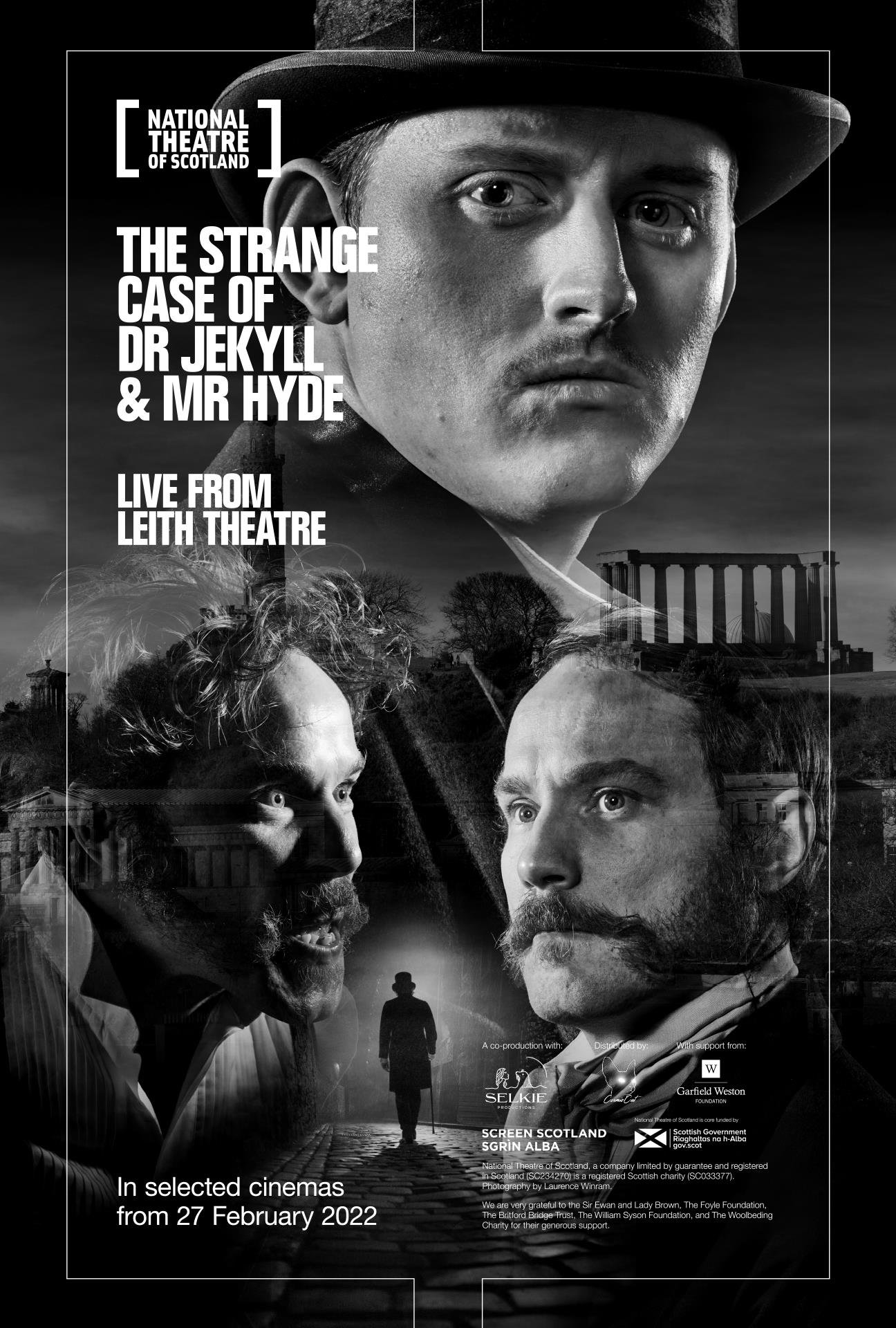 Promotional poster for a theatrical production titled "The Strange Case of Dr. Jekyll & Mr. Hyde" by the National Theatre of Scotland.  Post Producer Andy Evans