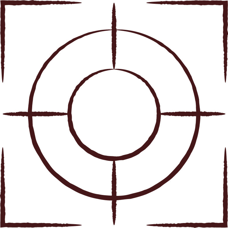 Un symbole représentant une cible avec deux cercles concentriques et une croix au centre, entourée d'un carré