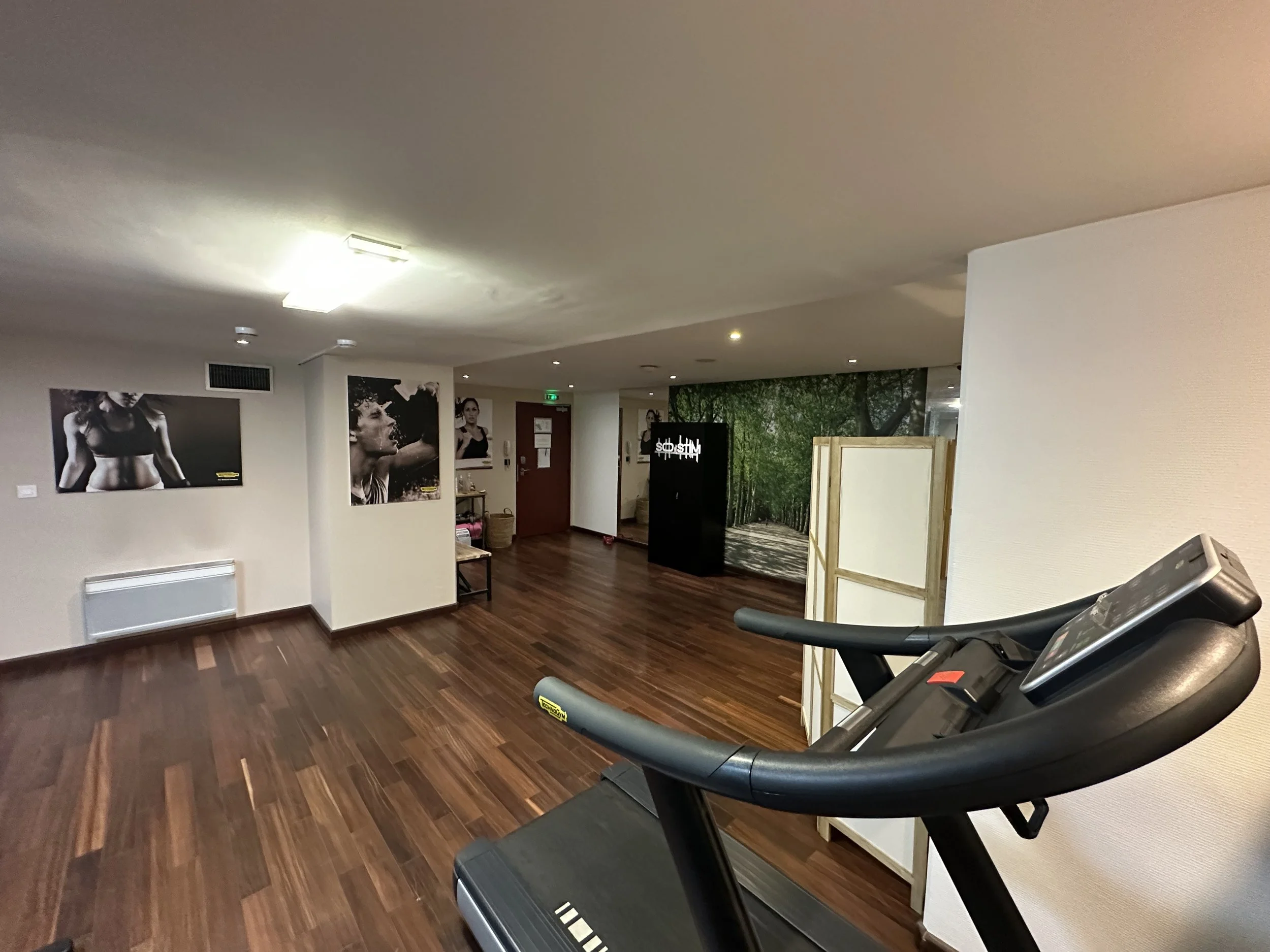 Salle de sport avec tapis de course au premier plan, murs décorés avec des affiches en noir et blanc, sol en bois, et une fresque murale représentant un chemin dans une forêt.