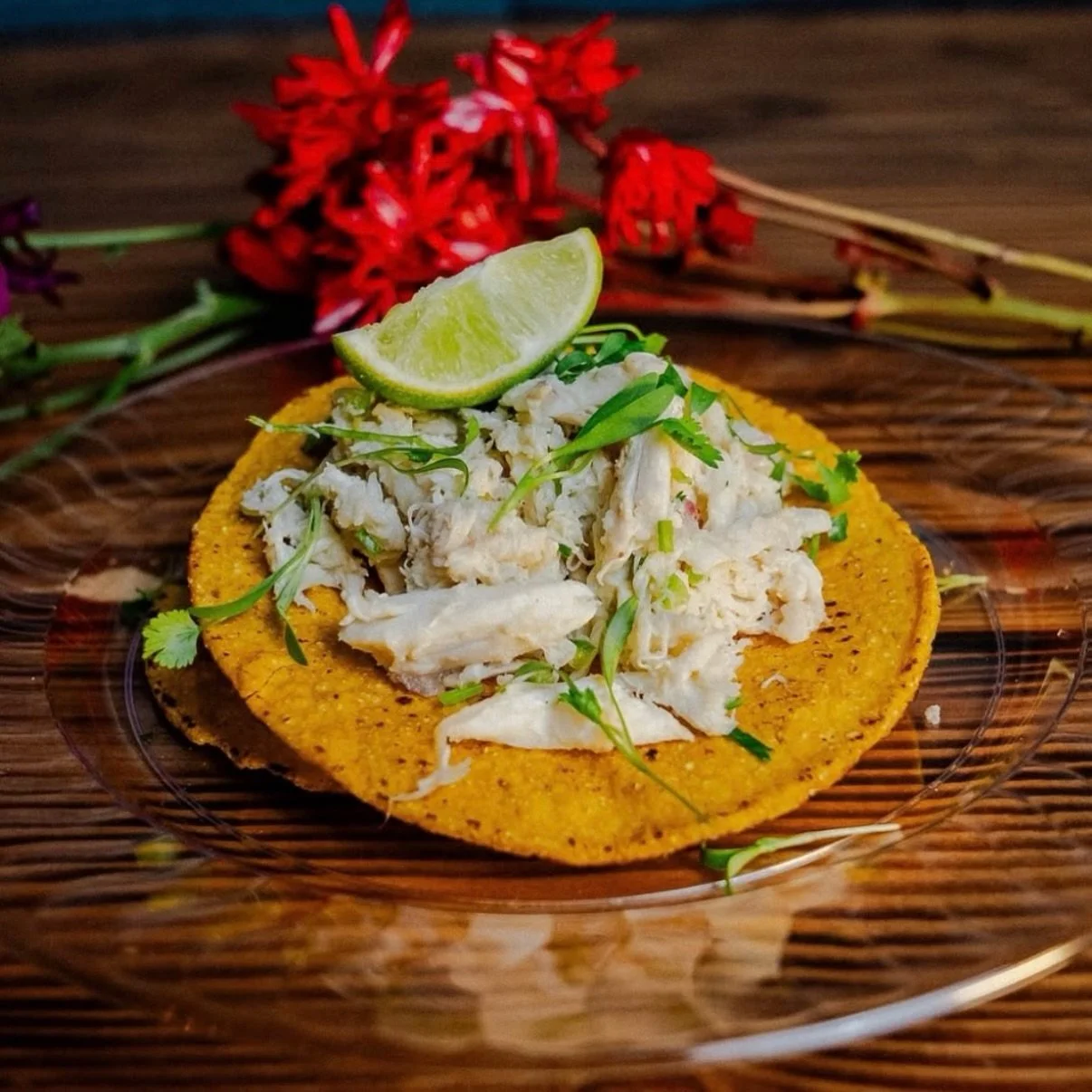 Salpicones de Cangrejo for this week&rsquo;s Thursday special! Lump crab meat dressed in a light lime vinaigrette with chilies, red onion, and cilantro on a corn tostada. Today and today only!