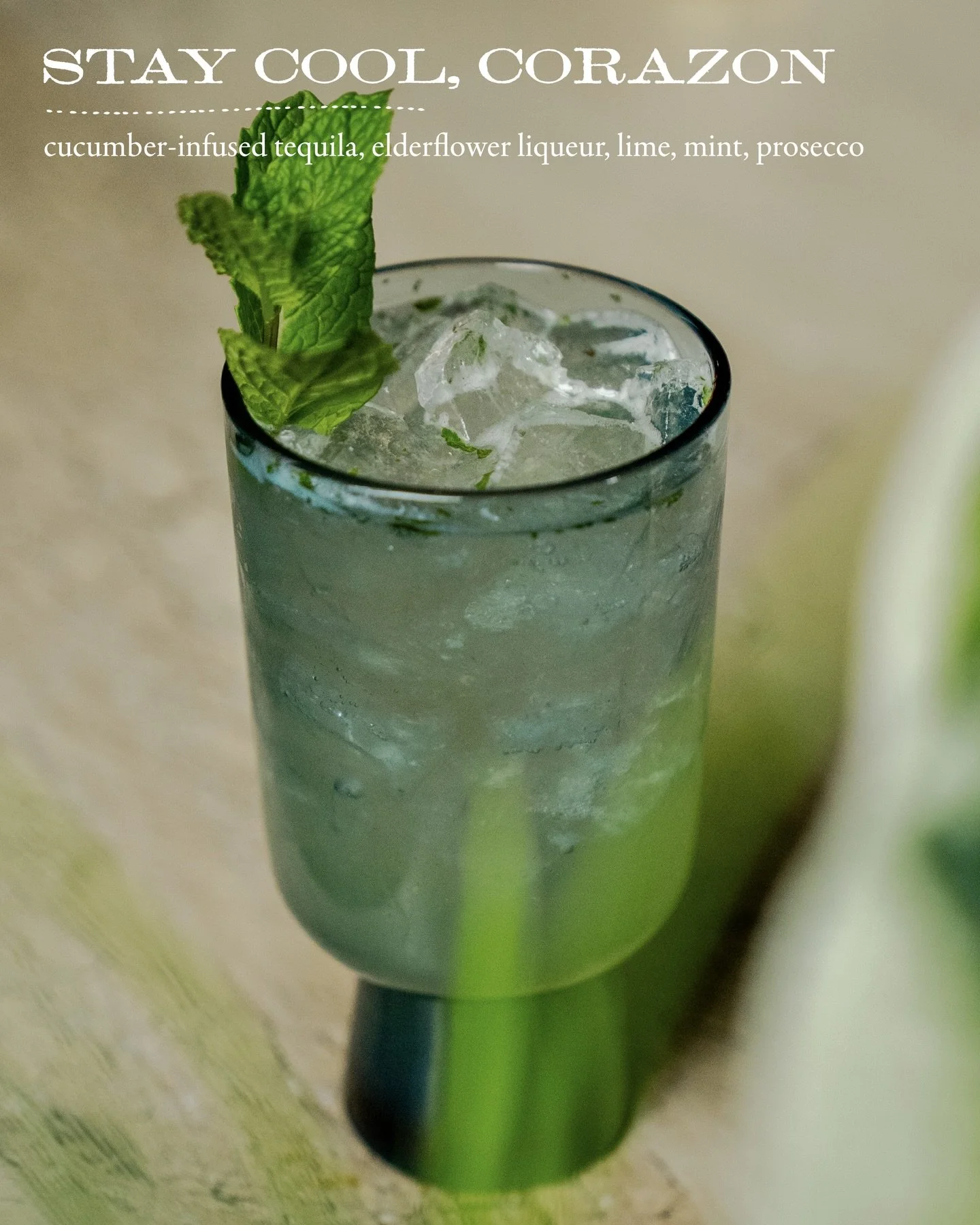 Okay, the sun is at least going to be out today. We thinks you need a seasonal cocktail to kick off the weekend. Here is one of our new ones, Stay Cool, Corazon.