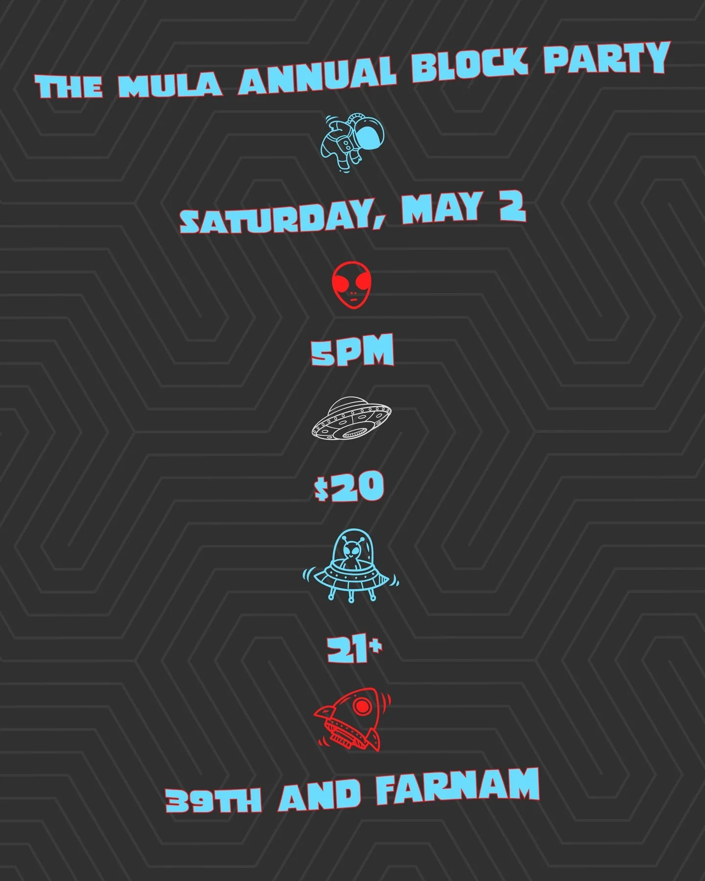 Our block party is this Saturday! Weather is looking near perfect. As always, this event will sell out, so don&rsquo;t get left waiting in line. 

We&rsquo;ll be passing out prizes for those best dressed for this year&rsquo;s outer space theme. 👽👽?