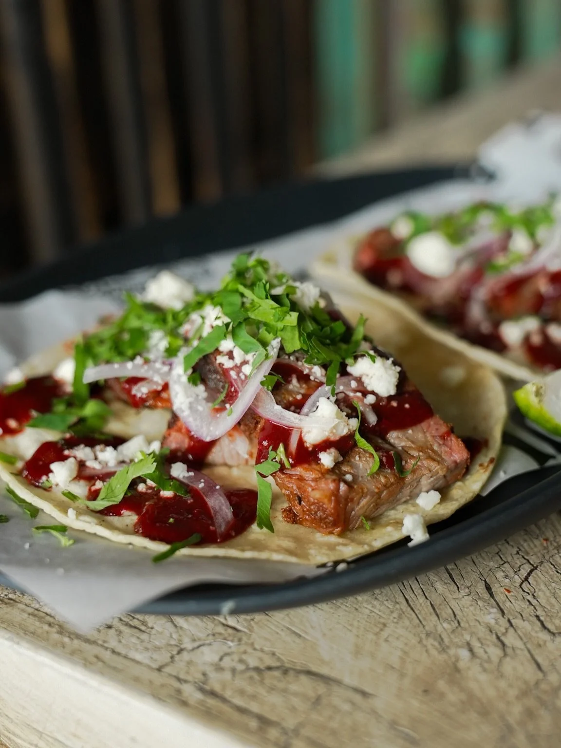 Tri-tip tacos for this week&rsquo;s Thursday special! Smoked tri-tip, blackberry chipotle salsa, shaved red onion, queso fresco, and cilantro on a corn tortilla. Today only!