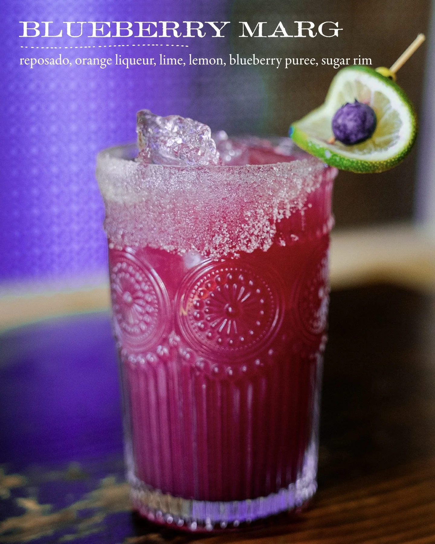 Time to start introducing you to our NEW seasonal menu. First up, the Blueberry Margarita. Swipe to see the full menu. See you this weekend.