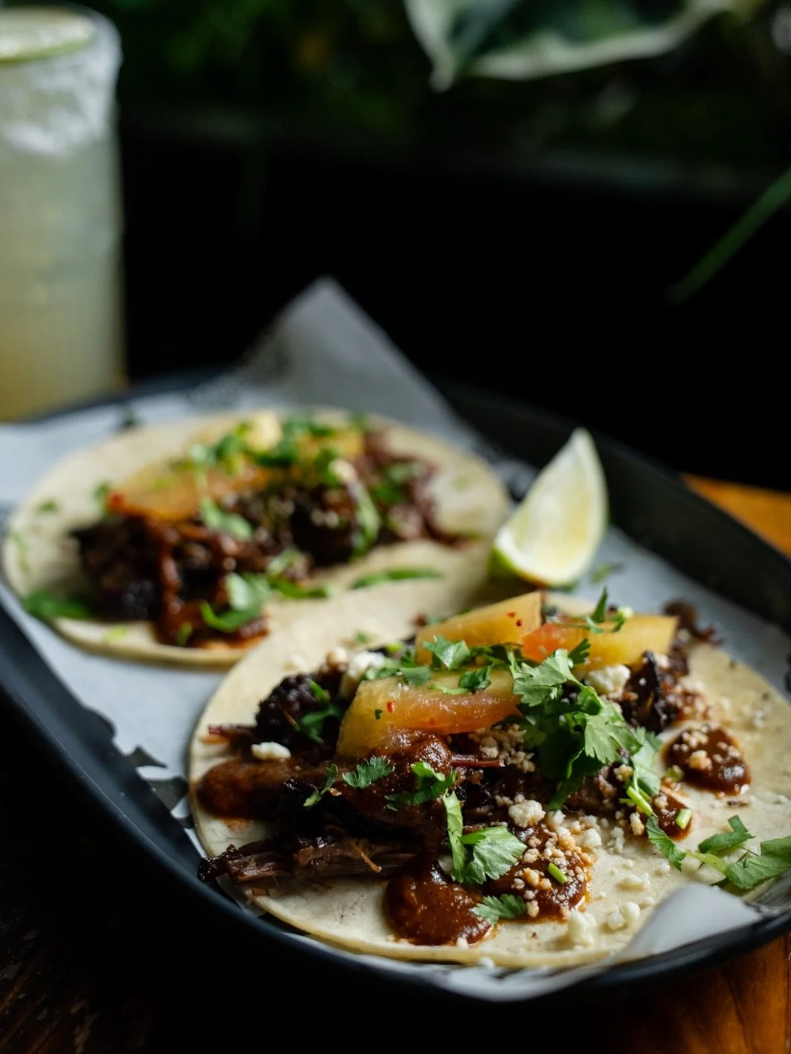 Brisket tacos for this week&rsquo;s Thursday special! Smoked brisket, charred tomato-ancho chili salsa, queso fresco, watermelon rind pickles, and cilantro on a corn tortilla. Today and today only!