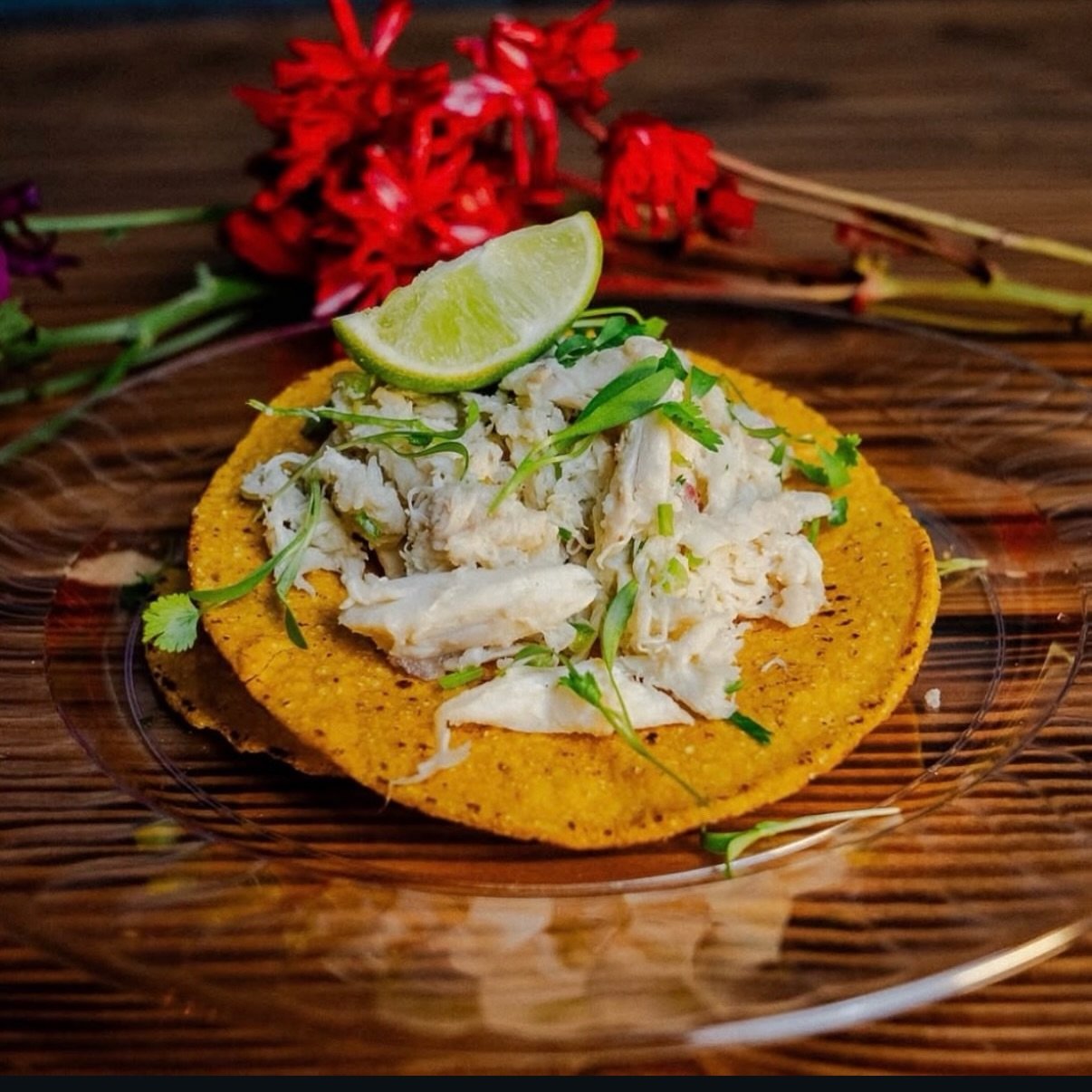 Salpicones de Cangrejo for tonight&rsquo;s special! Lump crab meat dressed in a light like vinaigrette with chilies, red onion, and cilantro on a corn tostado. Tonight only!