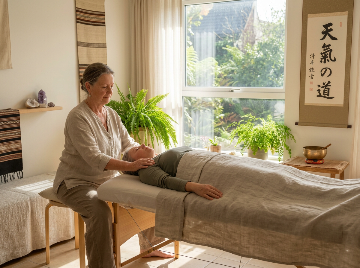 An elderly woman gives a massage or healing treatment to a young woman lying on a massage table in a room with natural light, plants, and Asian decor.