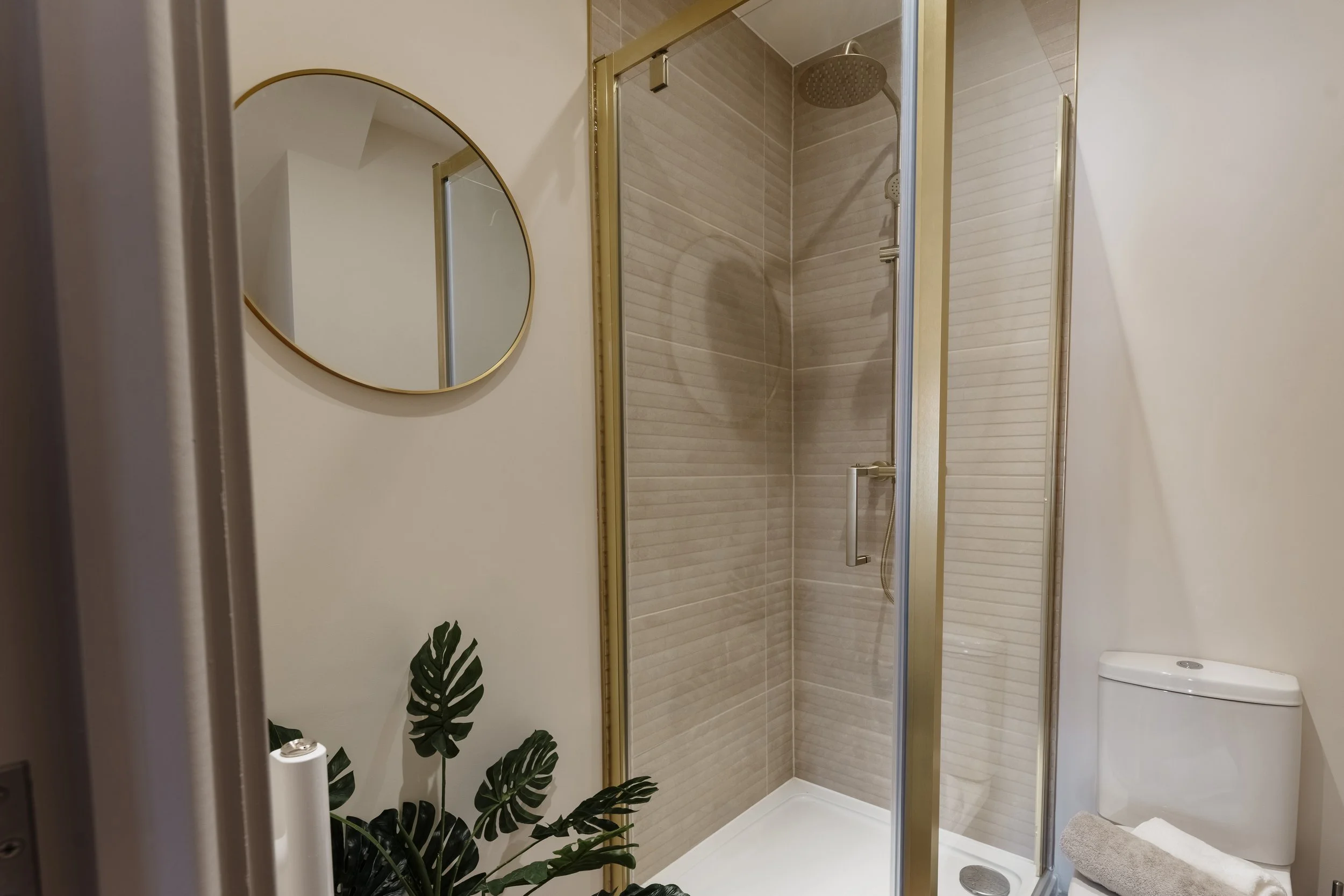 Small bathroom with a corner shower featuring a glass door and beige tile walls. There is a white toilet with a small beige rug in front of it, and a mirror on the wall reflecting the shower. A green plant is visible at the bottom of the image.