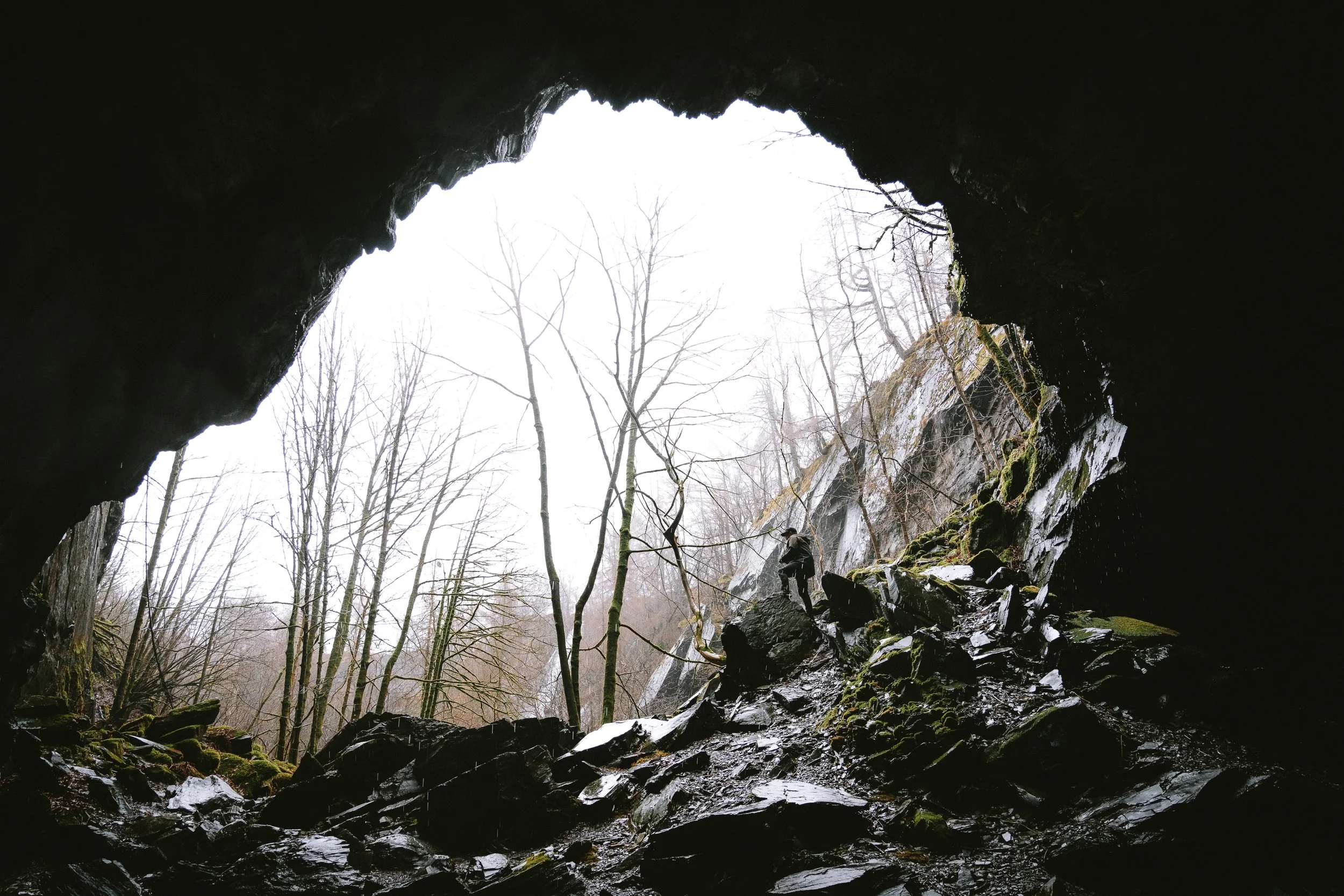 View from inside a cave looking upward at a foggy forested landscape and sky, with two people standing on rocks near the cave's opening.