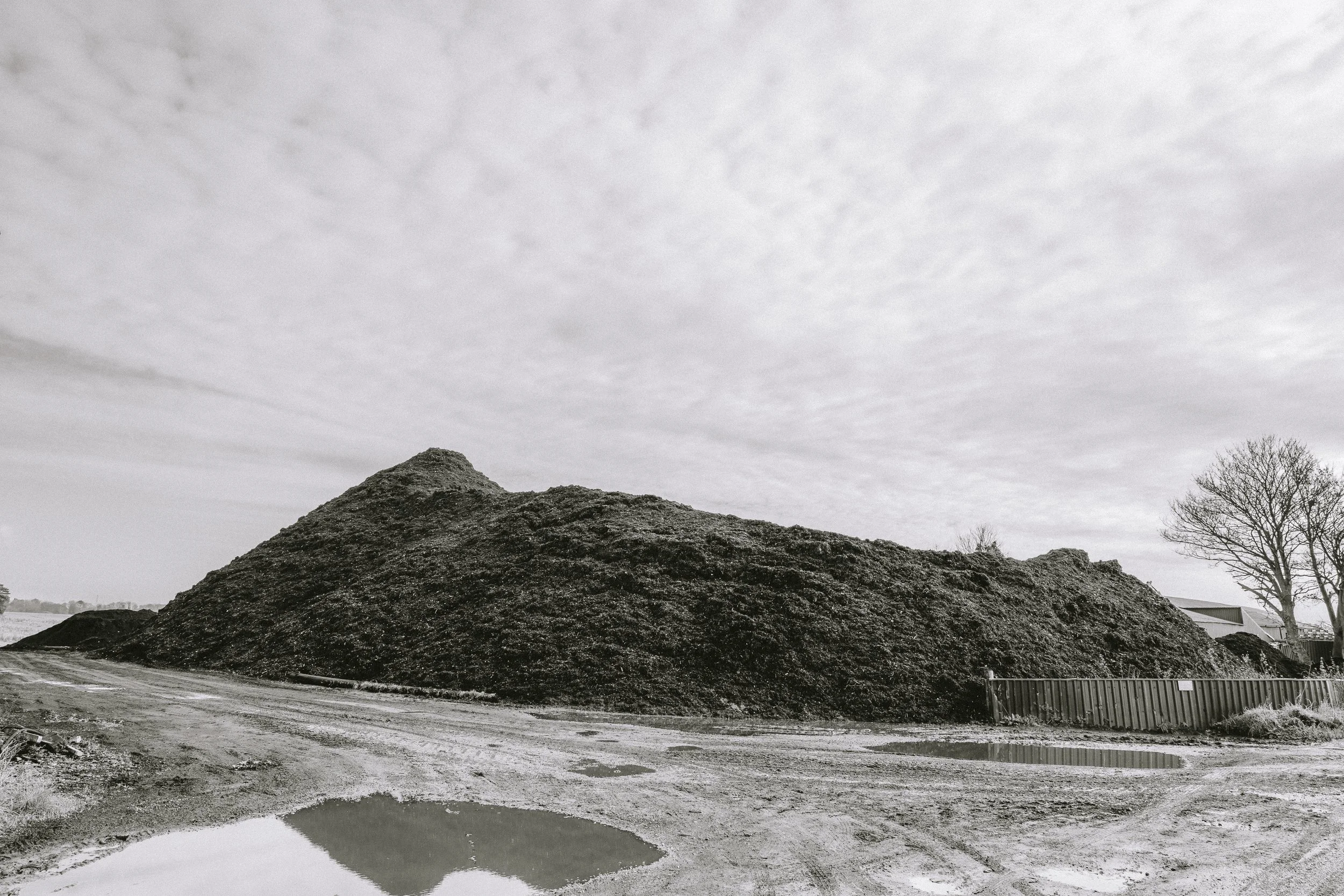 A large mound of dark earth with a puddle of water in front, sky above filled with thin, layered clouds, and some trees and fencing in the background.