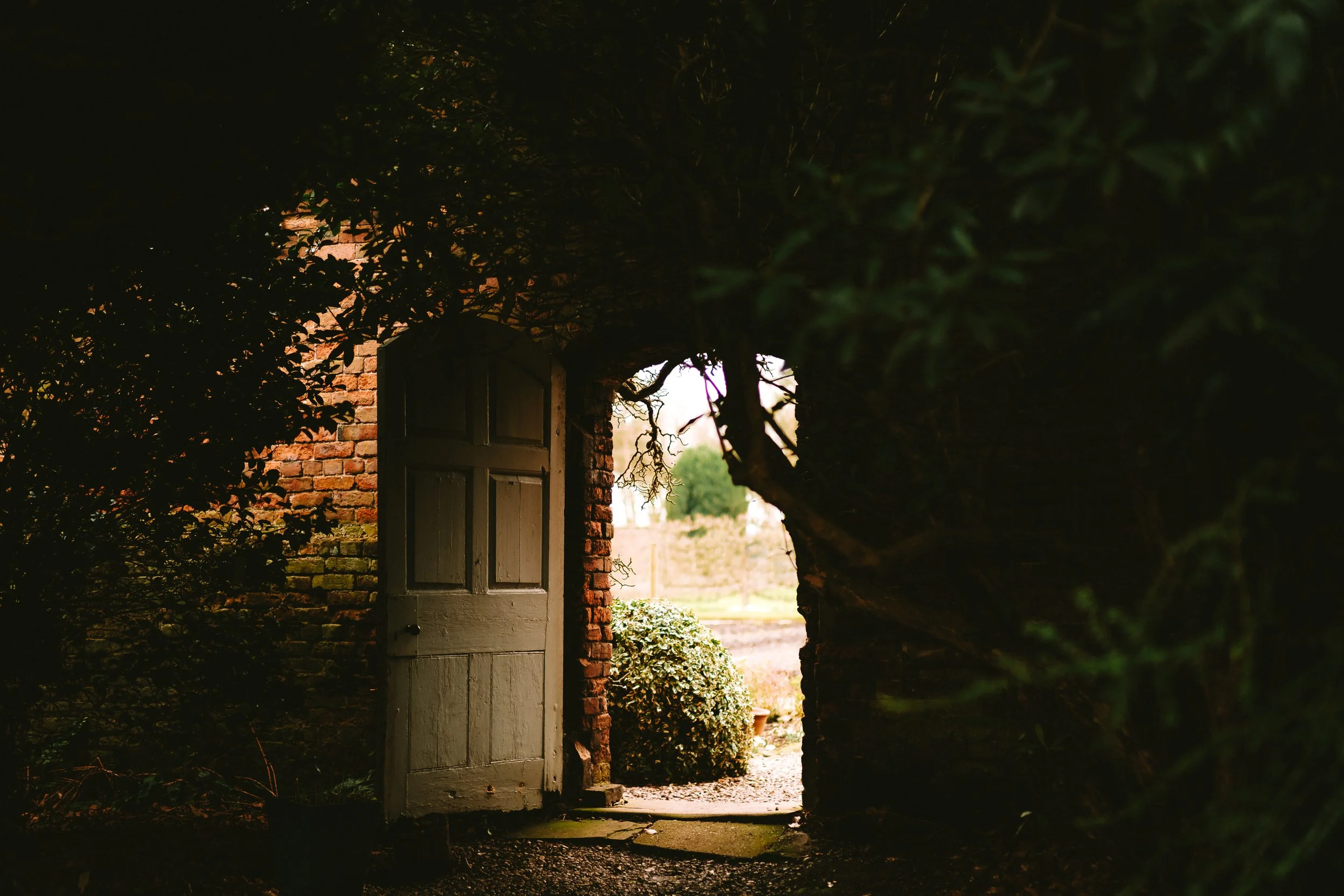 An open wooden door set into a brick wall, leading out to a bright outdoor scene with trees and a grassy area, viewed through a dark, shaded opening surrounded by dense foliage.