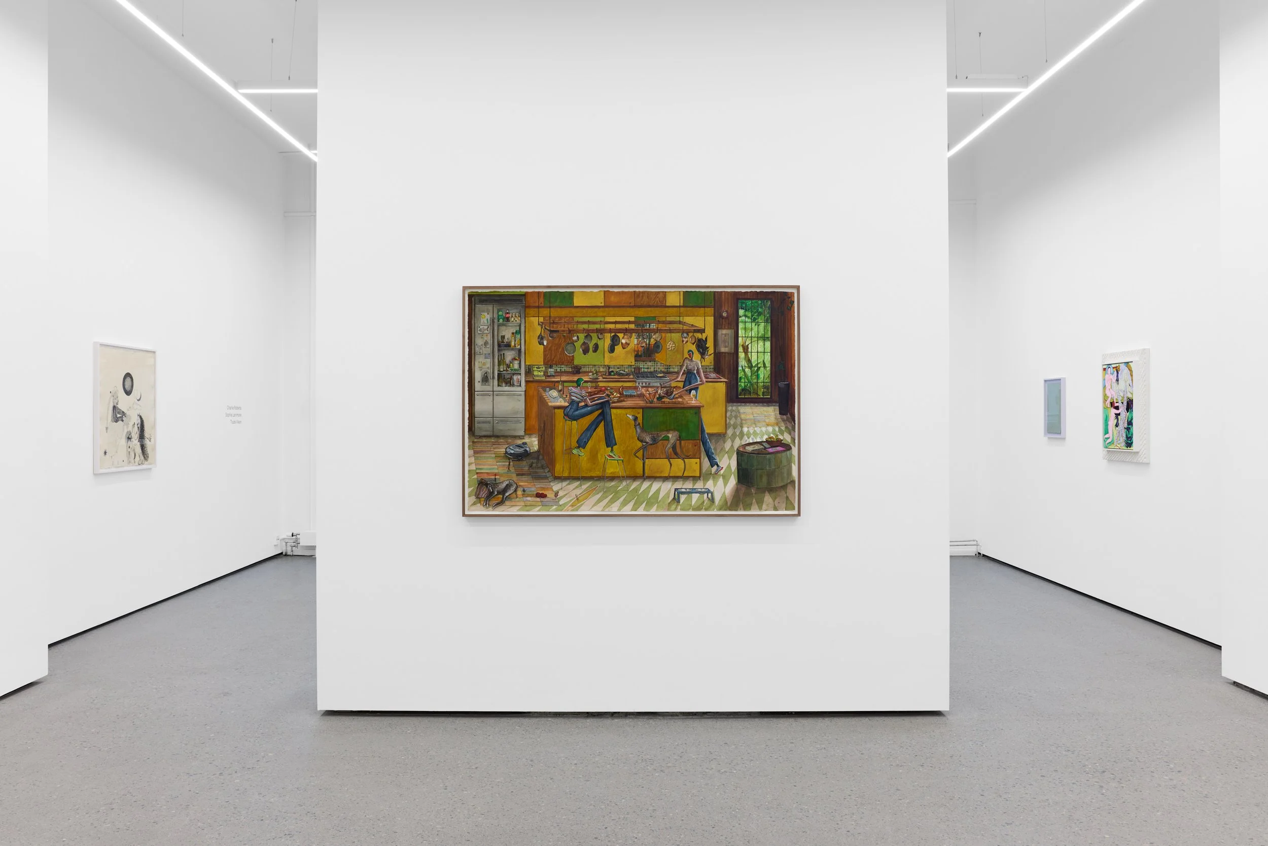 Painting of a cozy kitchen scene with two people, dogs, and various kitchen items, displayed on a white wall in an art gallery.