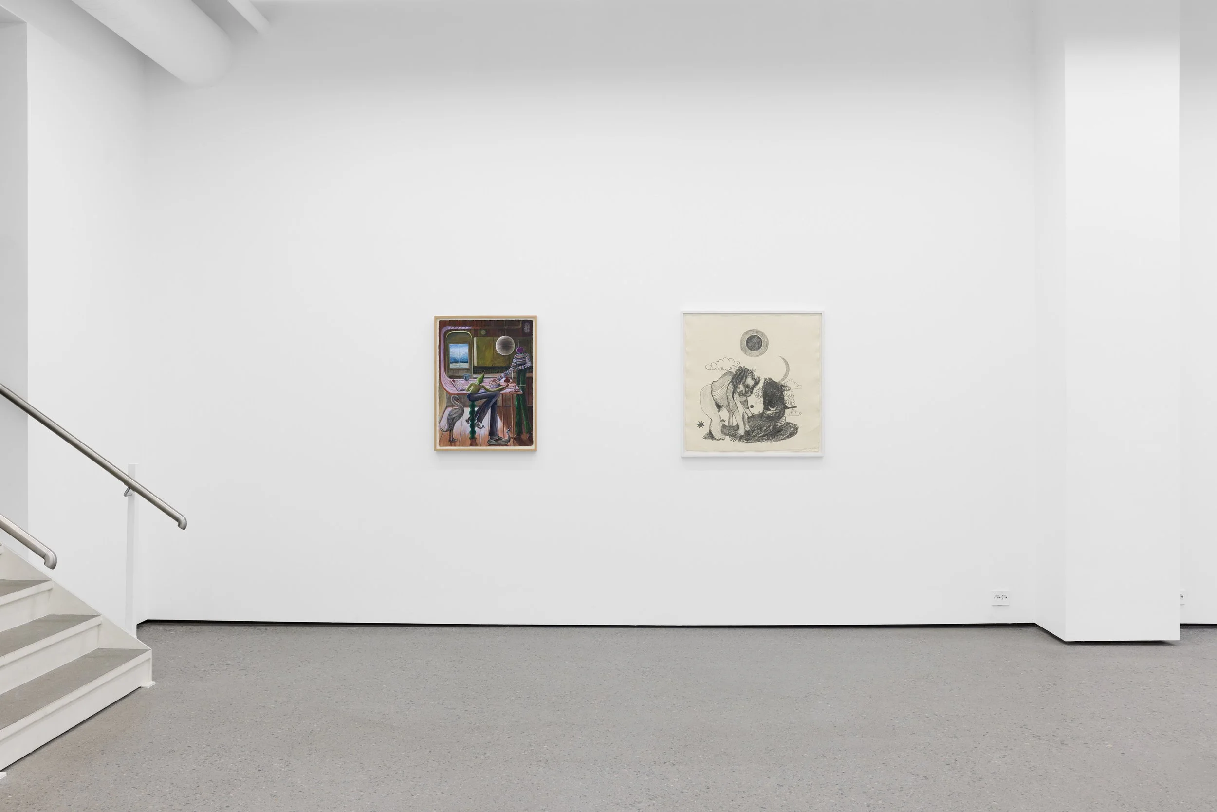 Empty art gallery with two paintings on a white wall, gray carpeted floor, staircase on the left side.