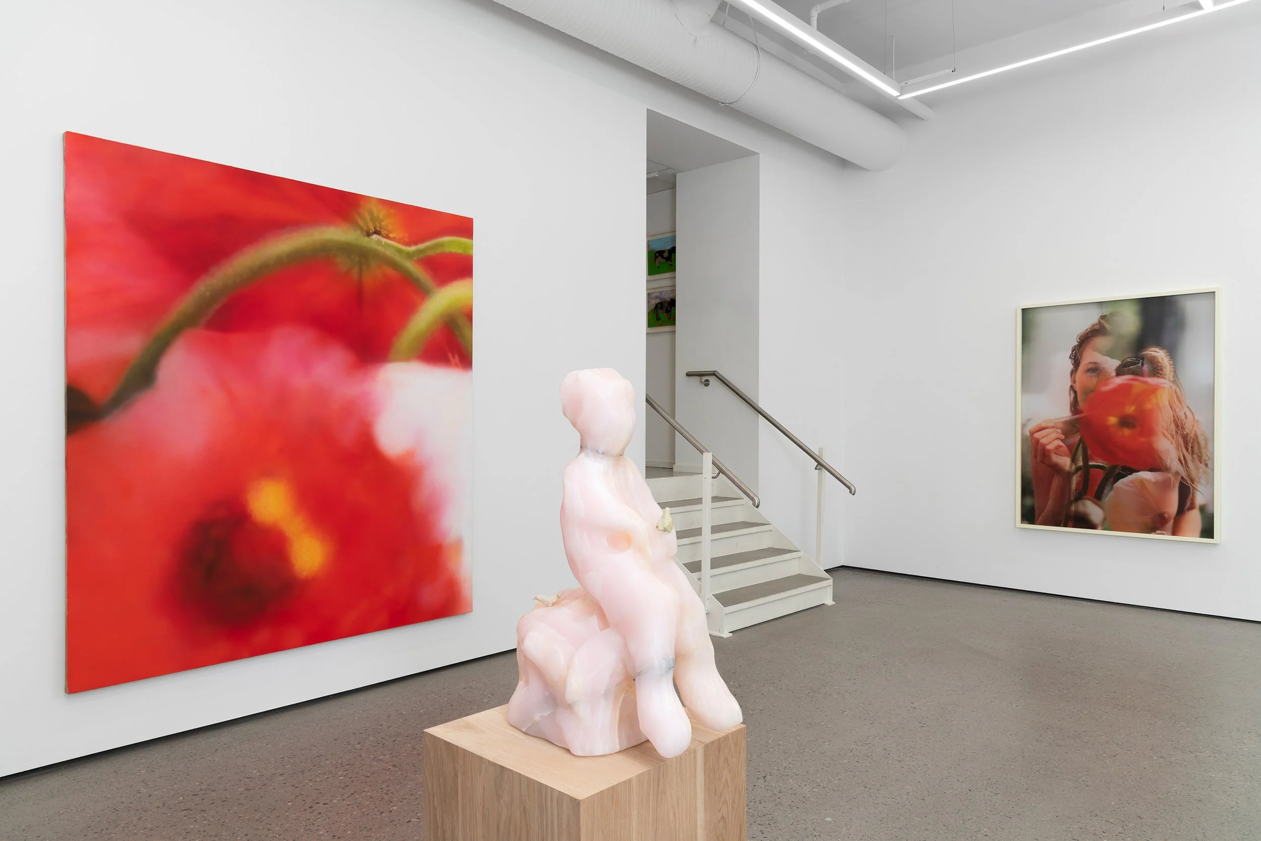 An art gallery featuring large photographs of red flowers, a pink abstract sculpture on a wooden pedestal, and a framed photograph of a woman holding a red flower near her face, with a staircase in the background.