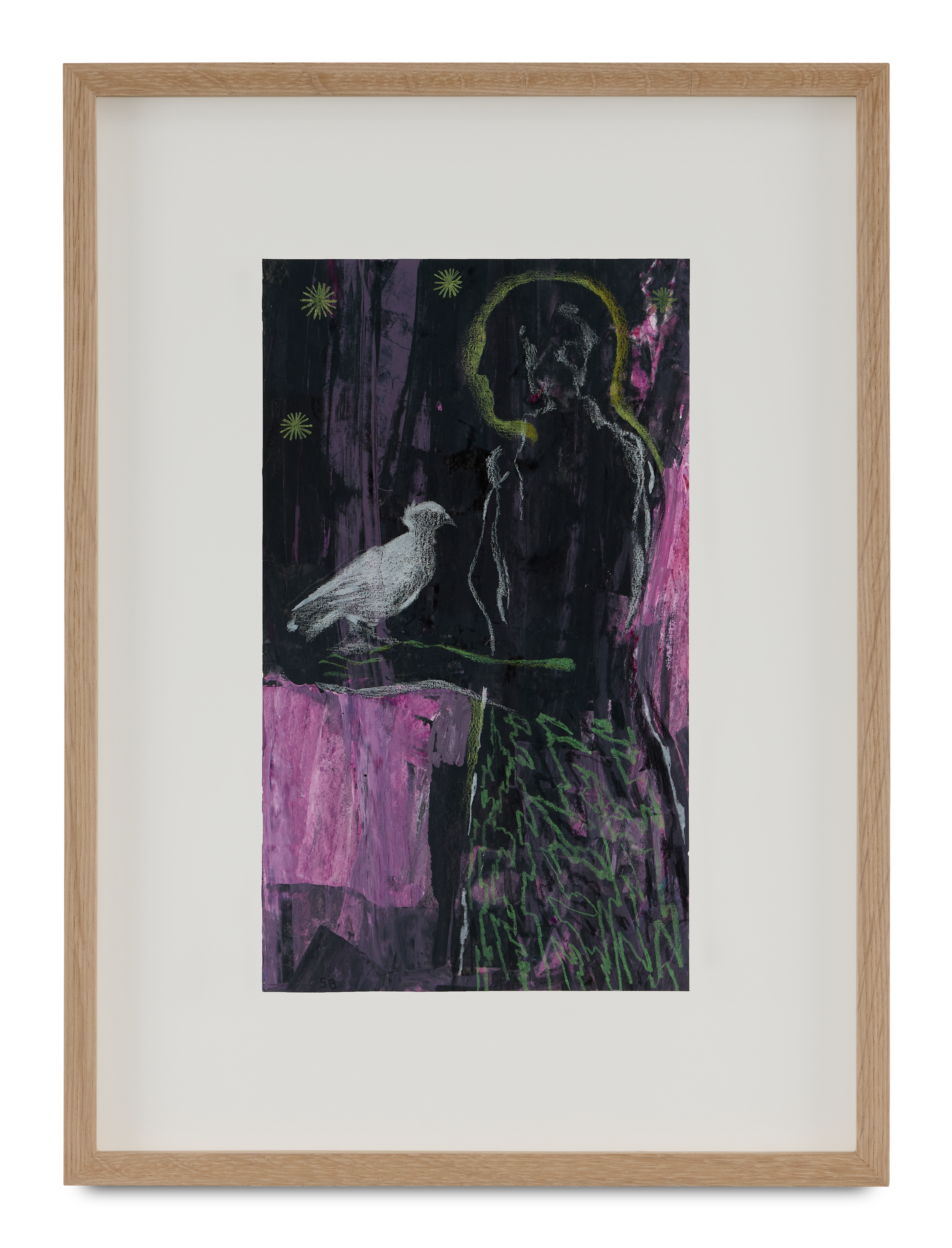 Abstract artwork featuring a dark background with neon green, pink, and white accents, depicting a silhouette of a person with a halo, a bird, and star-like shapes.