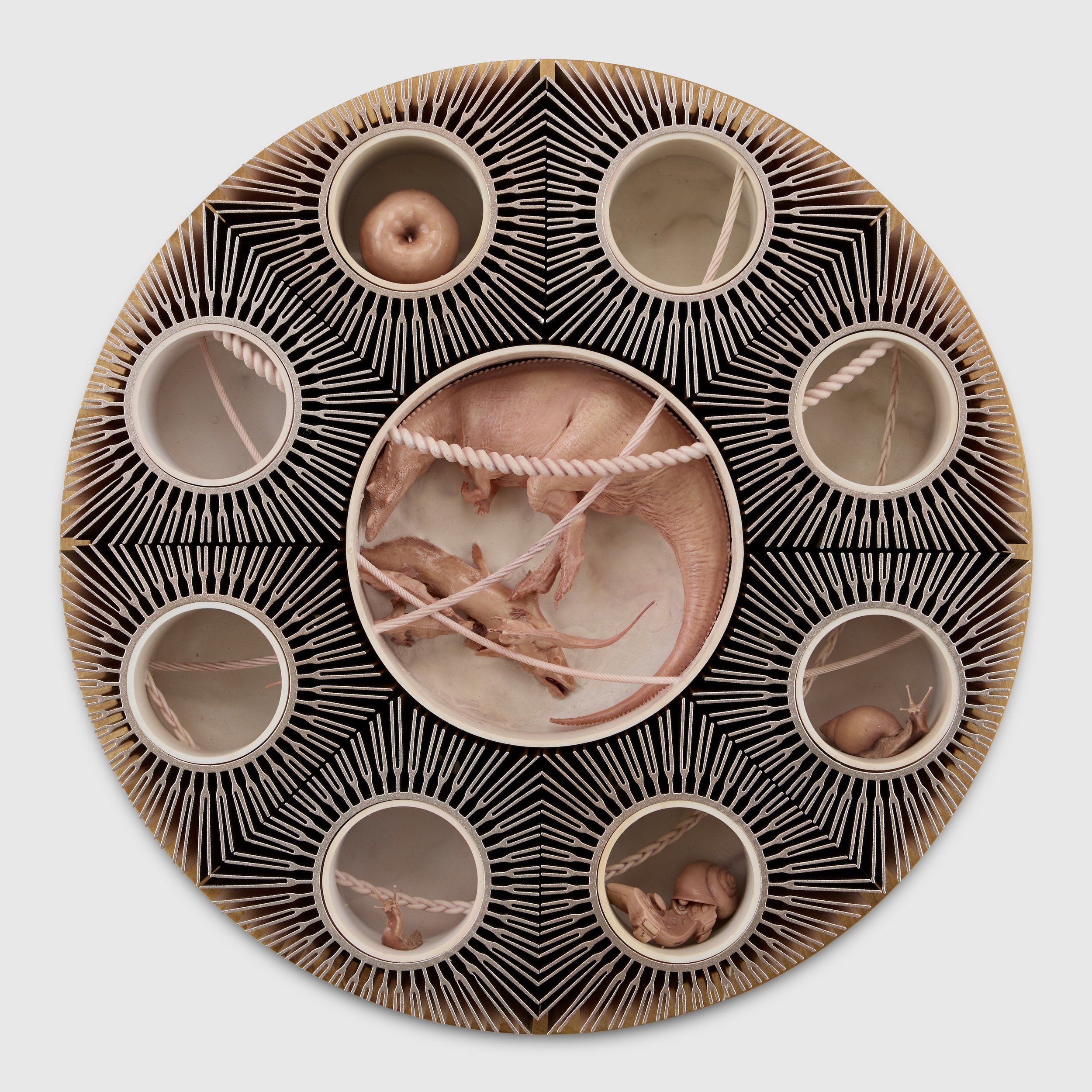 Anders Holen
Stilleben #8, 2026
Signed and dated on the back
UV resin, oil paint, extruded aluminium heatsinks, silver birch frame
30 cm diameter