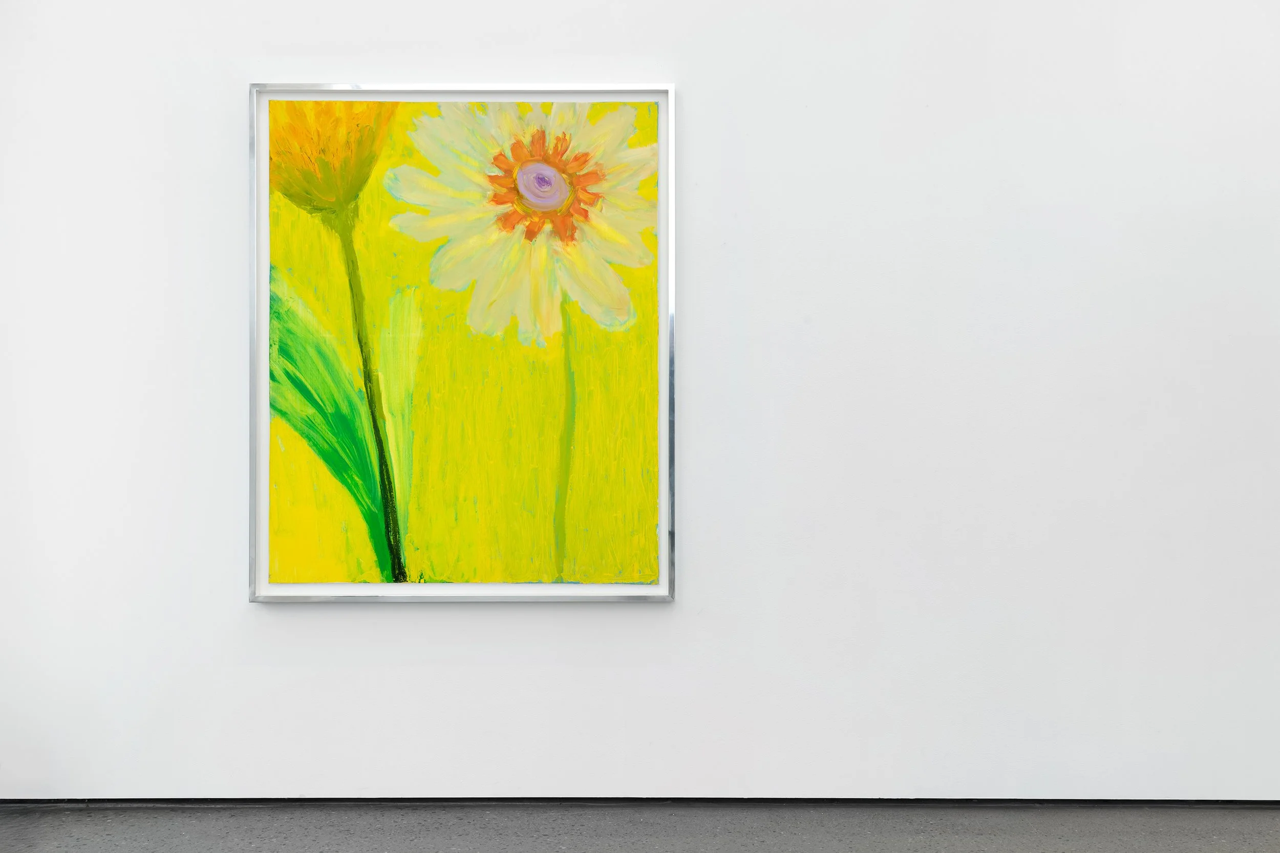 Painted artwork of a white flower with orange and purple center on a bright yellow background, housed in a white frame on a white gallery wall.