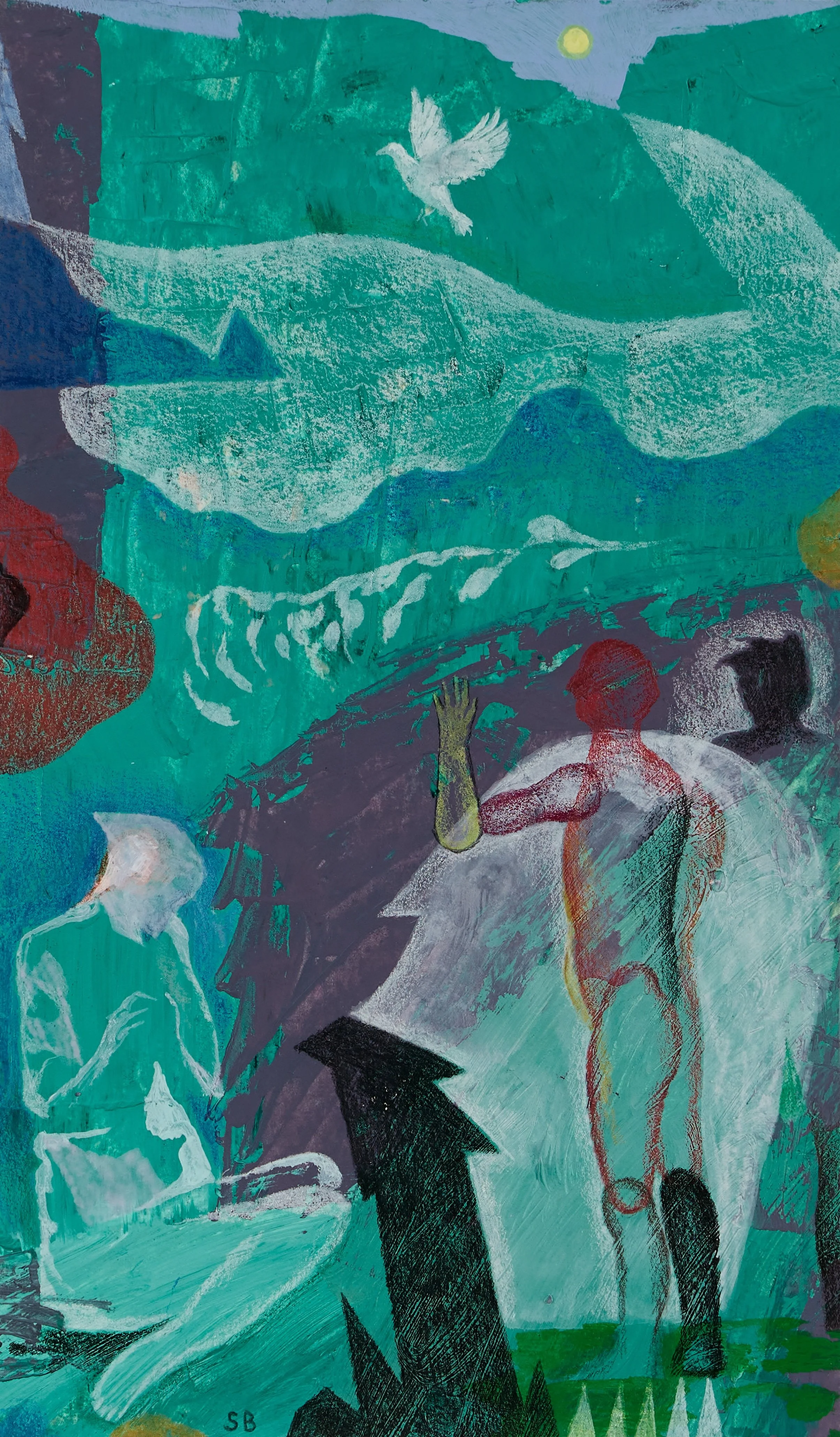 An abstract painting featuring three human figures, a dove, a rising sun, and a mountain landscape with vibrant colors and textured brushstrokes.