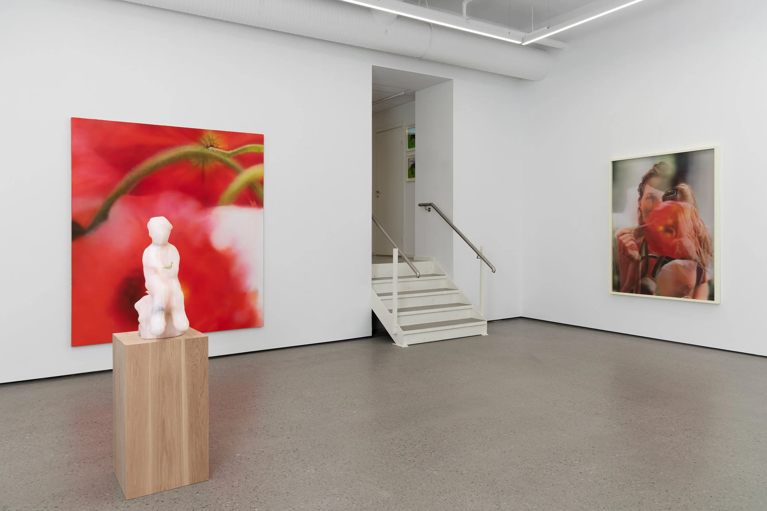 White gallery with large floral photographs on the walls and a modern sculpture on a wooden pedestal. The sculpture appears to be a figure with an abstract design, positioned in front of a close-up photo of a flower.