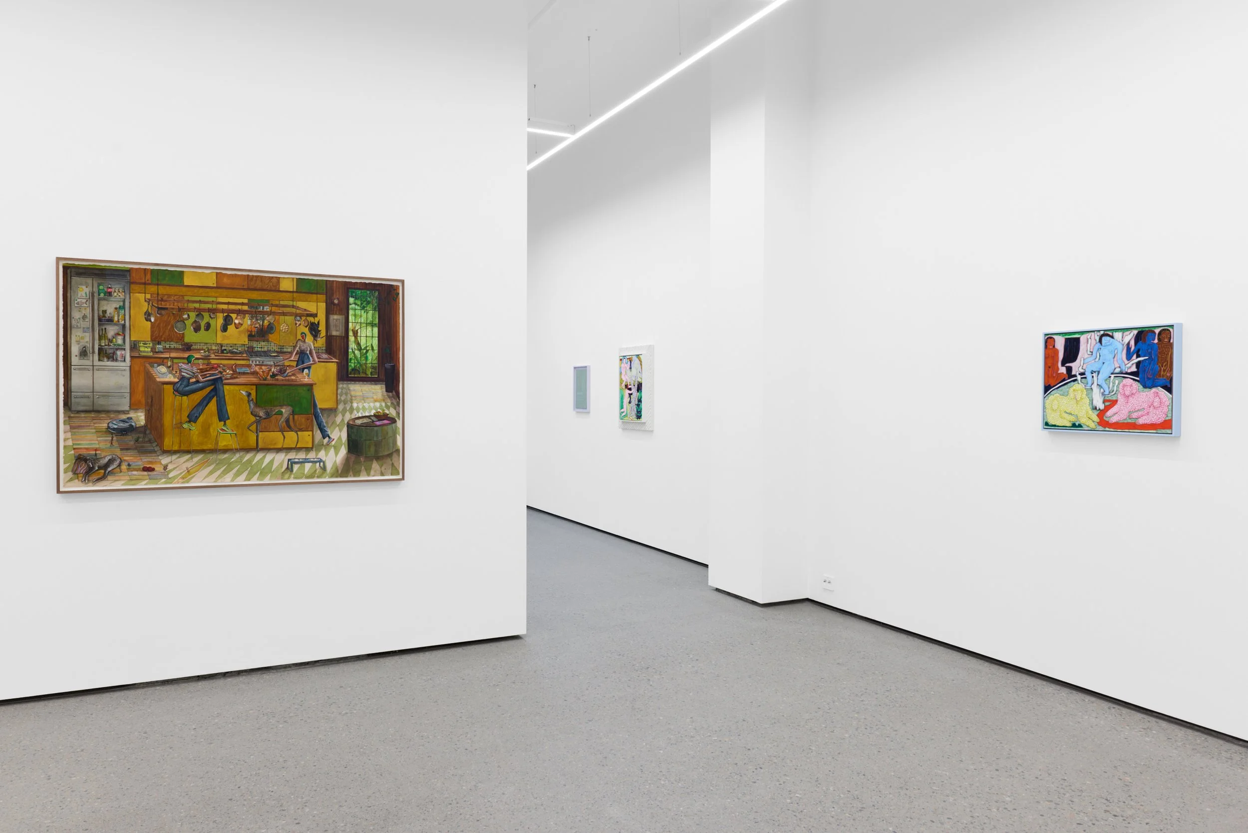Art gallery with white walls displaying various colorful paintings, including a large detailed kitchen scene and abstract artworks.
