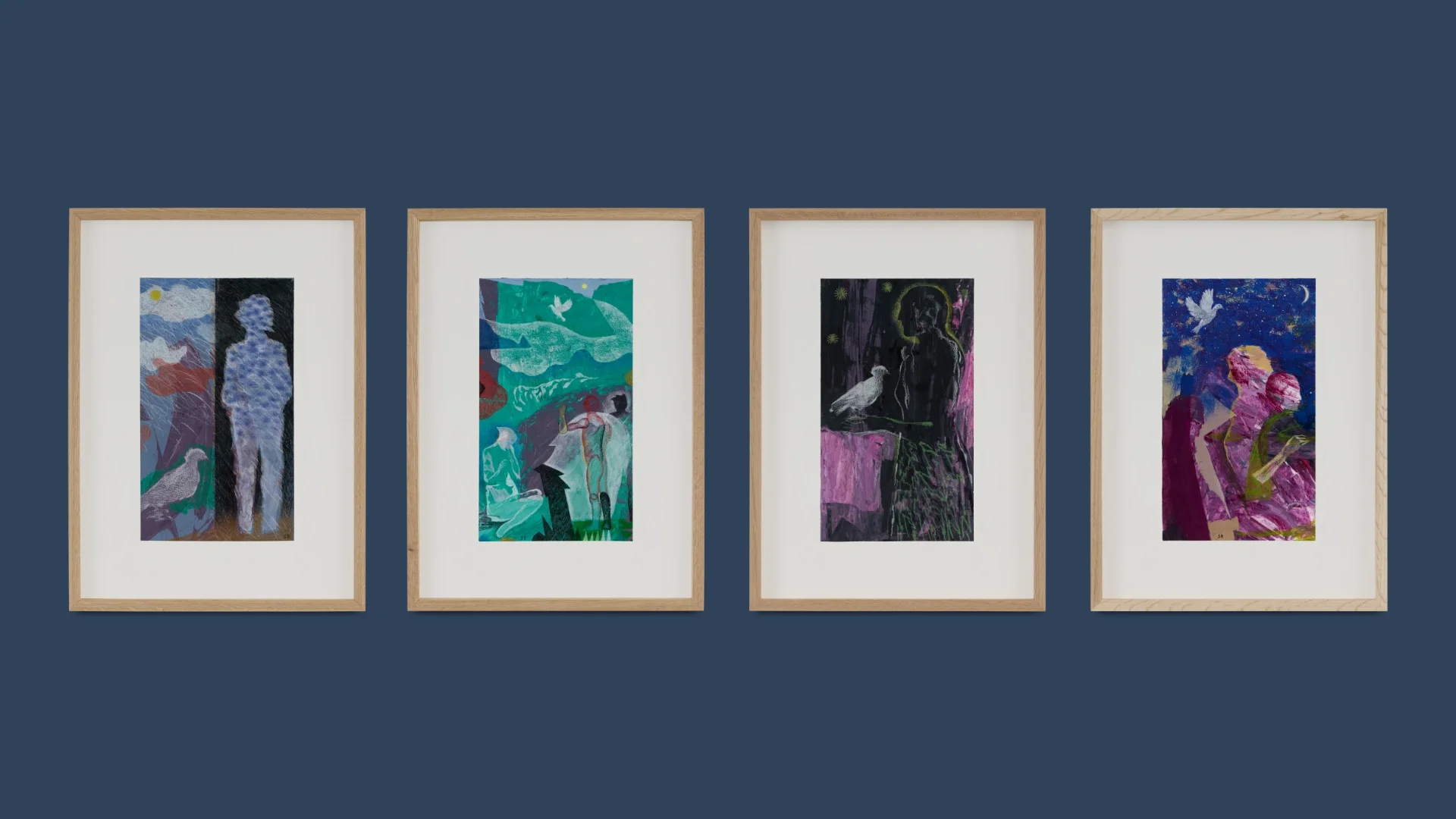 Four framed abstract paintings on a dark blue wall, each featuring colorful scenes with human and animal figures.