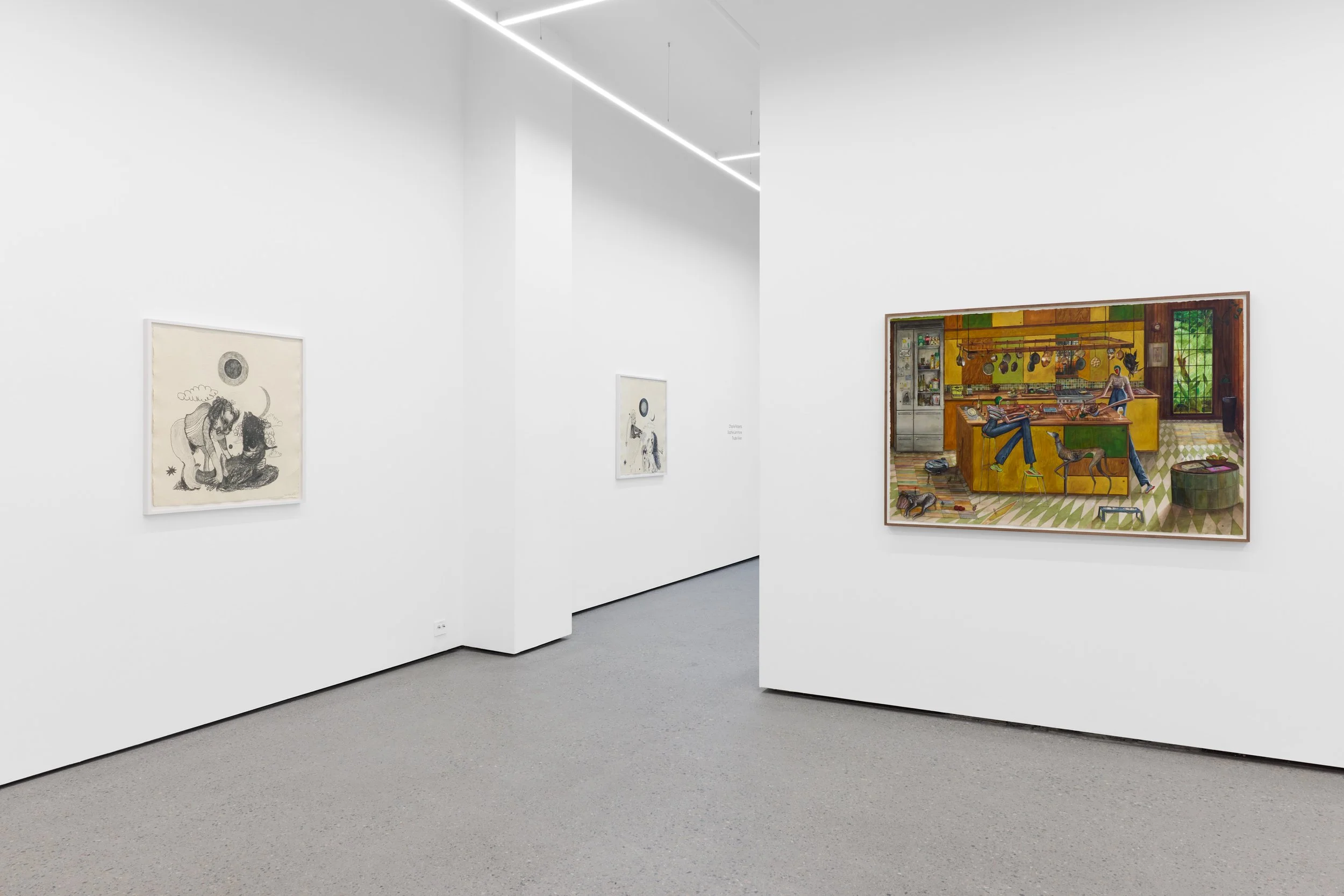 Art gallery with white walls displaying various paintings, including a colorful kitchen scene on the right and smaller artworks on the left.