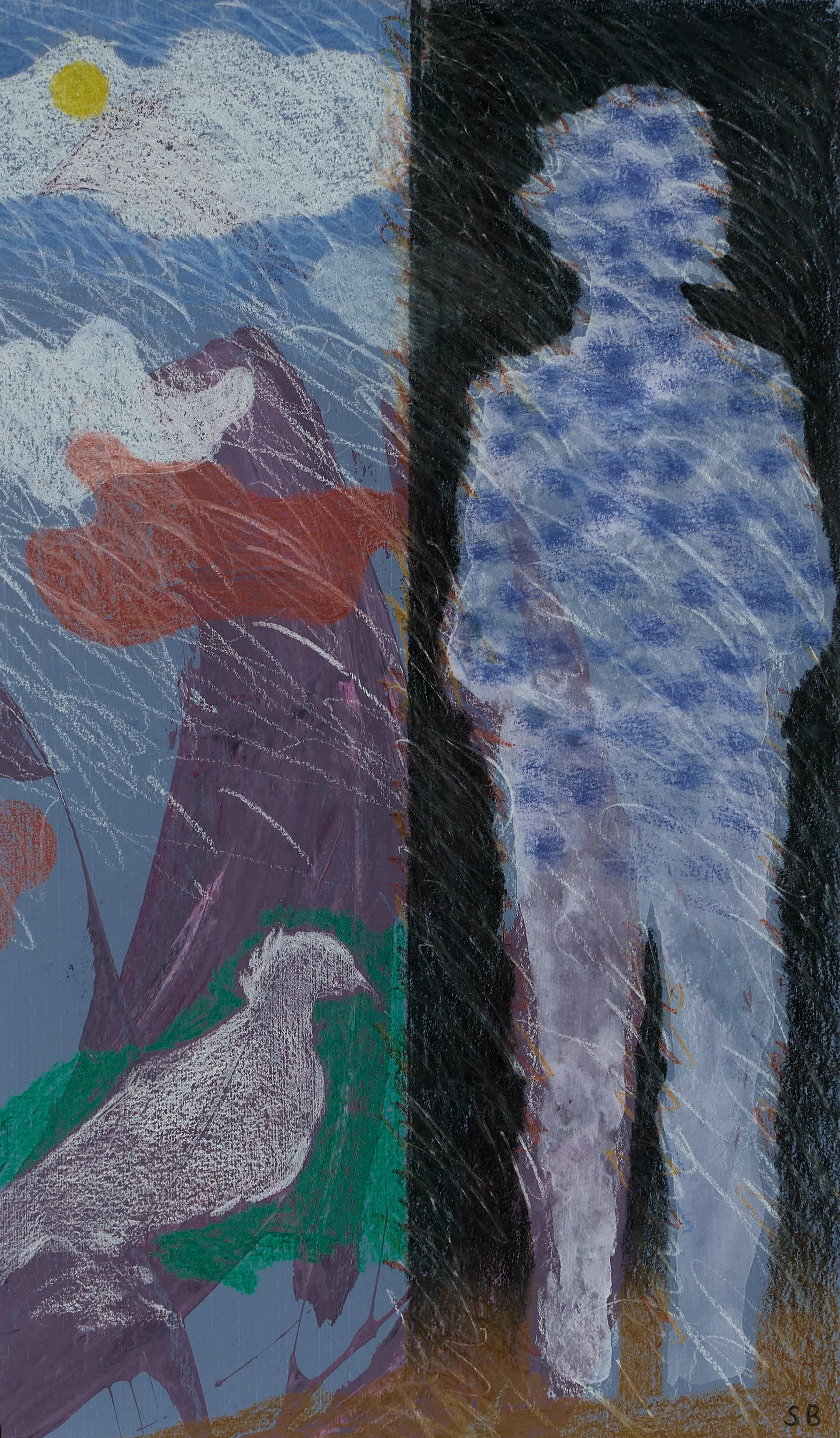 A collage of mixed media artwork featuring a stylized portrait of a woman with long dark hair, a mountain landscape, a bird, clouds, and a yellow sun in the sky.