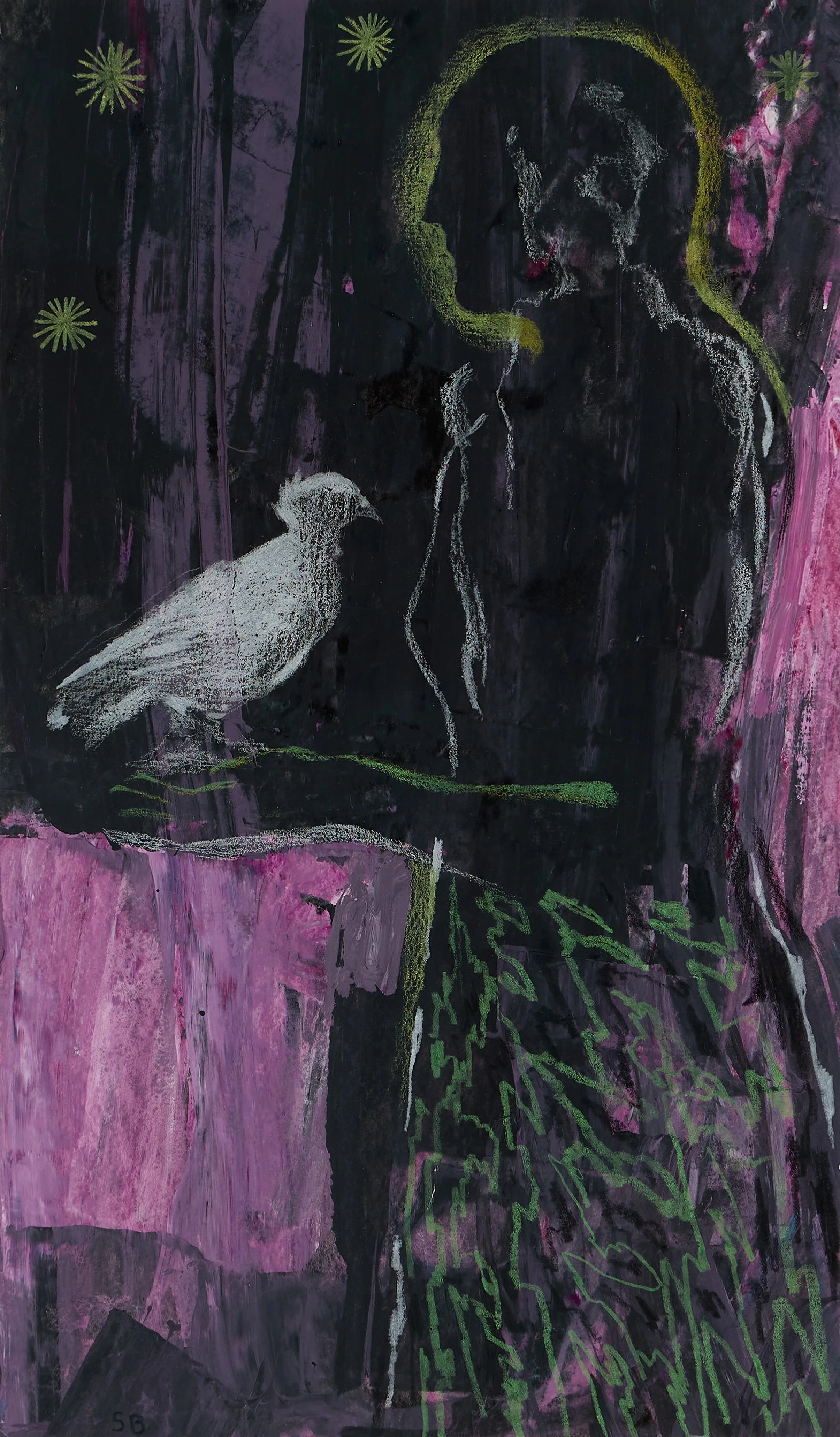 A chalk drawing of a woman, a bird, and a star on a dark background, with green and purple accents.