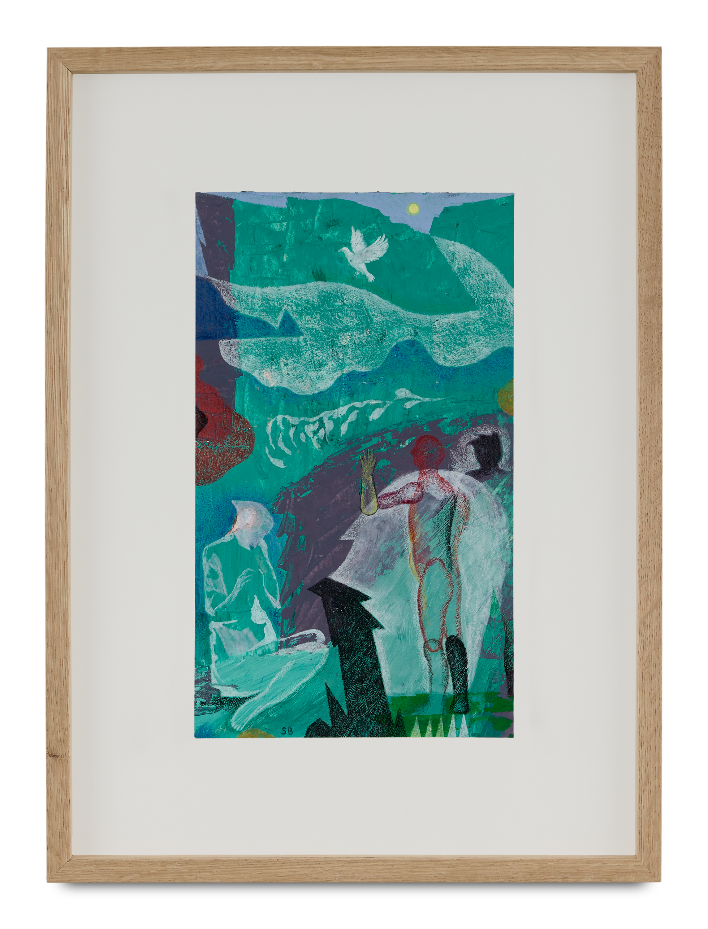 Abstract painting featuring human figures, a bird in flight, a mountain landscape, and vibrant colors in shades of blue, green, and red.