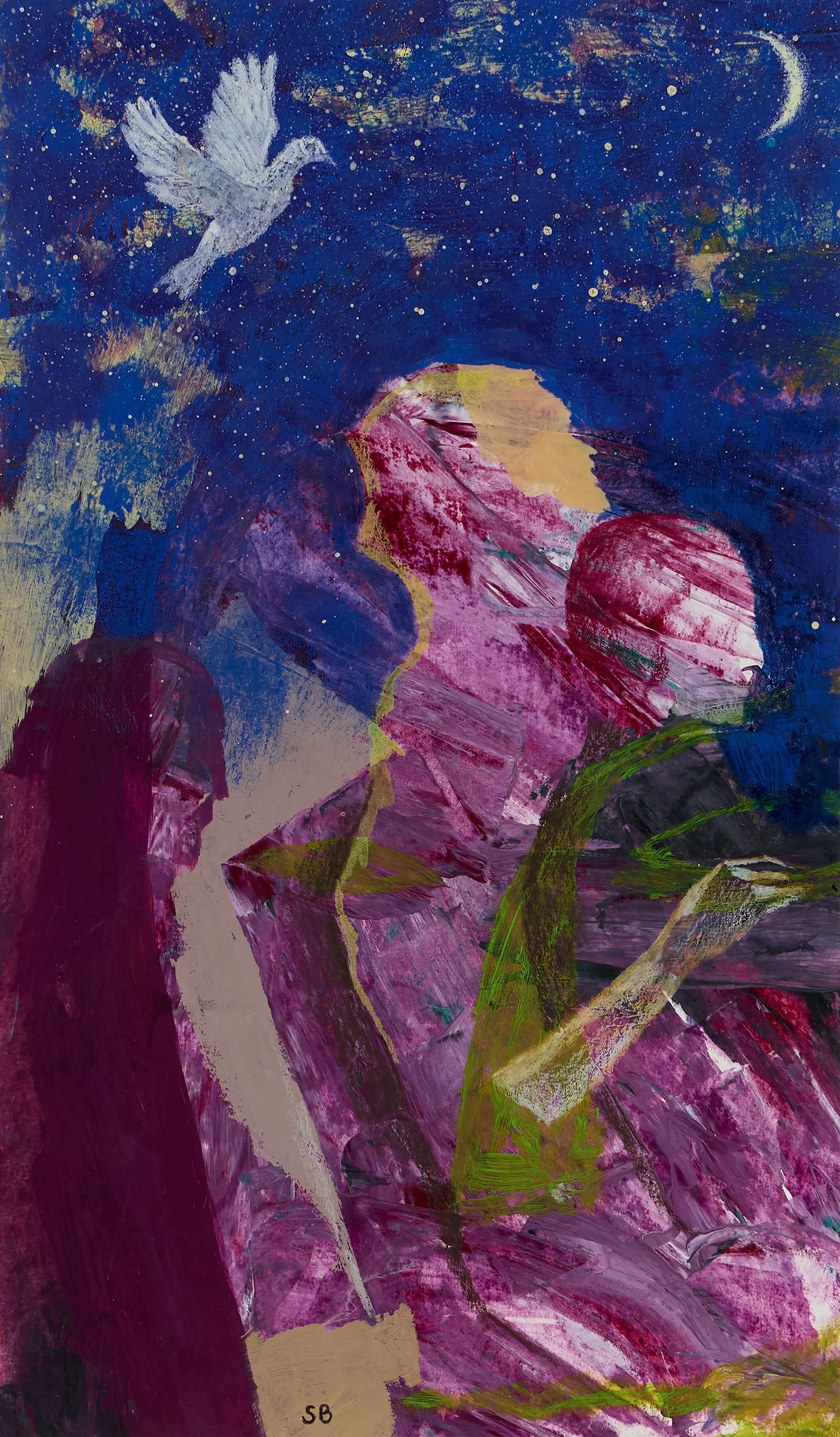 Abstract painting of a nighttime scene with a white dove in flight, a dark blue sky with a crescent moon, and pink and purple mountain-like shapes with green accents.