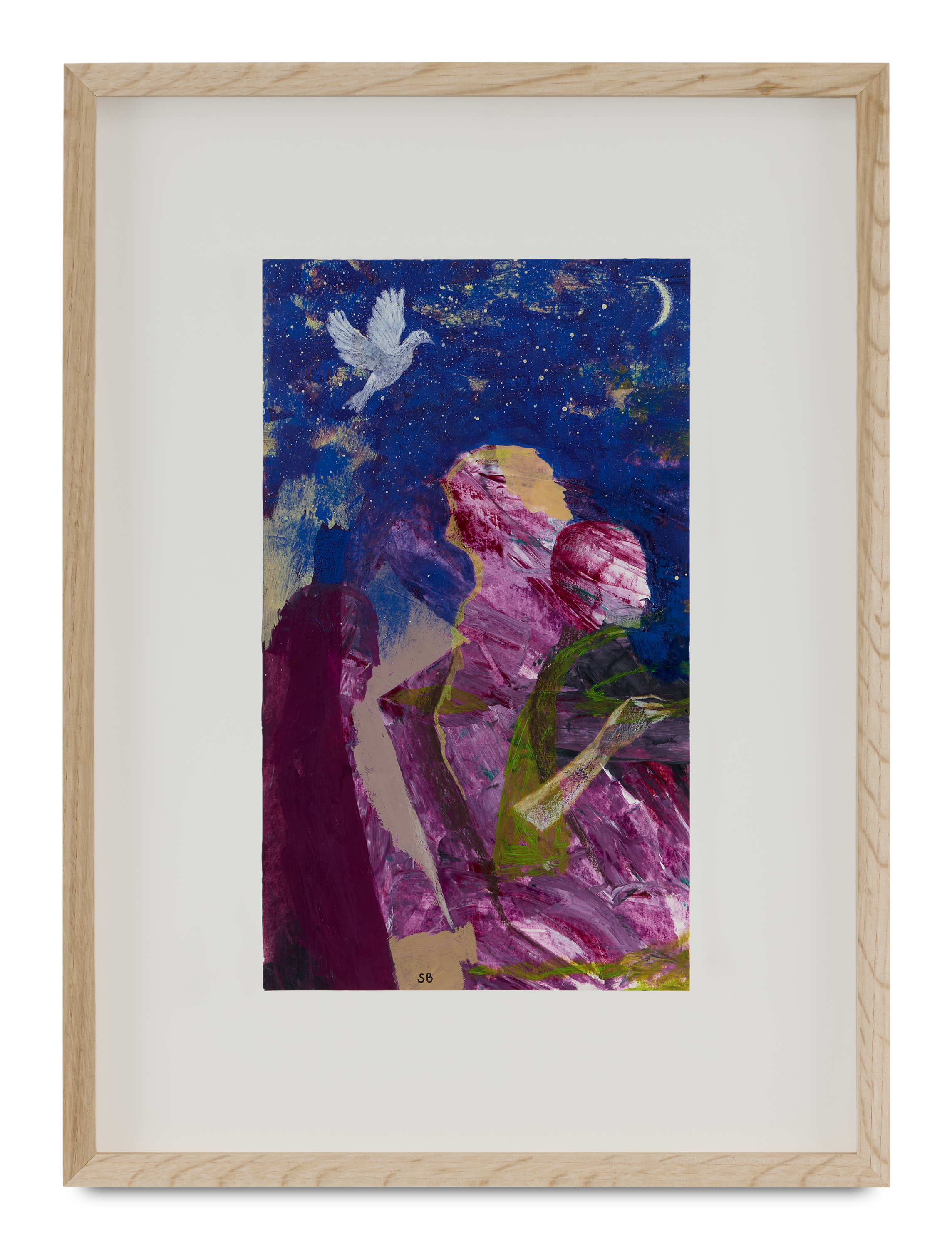 An abstract painting with purple and pink hues, depicts a landscape scene with mountains and a night sky featuring a white bird and a crescent moon