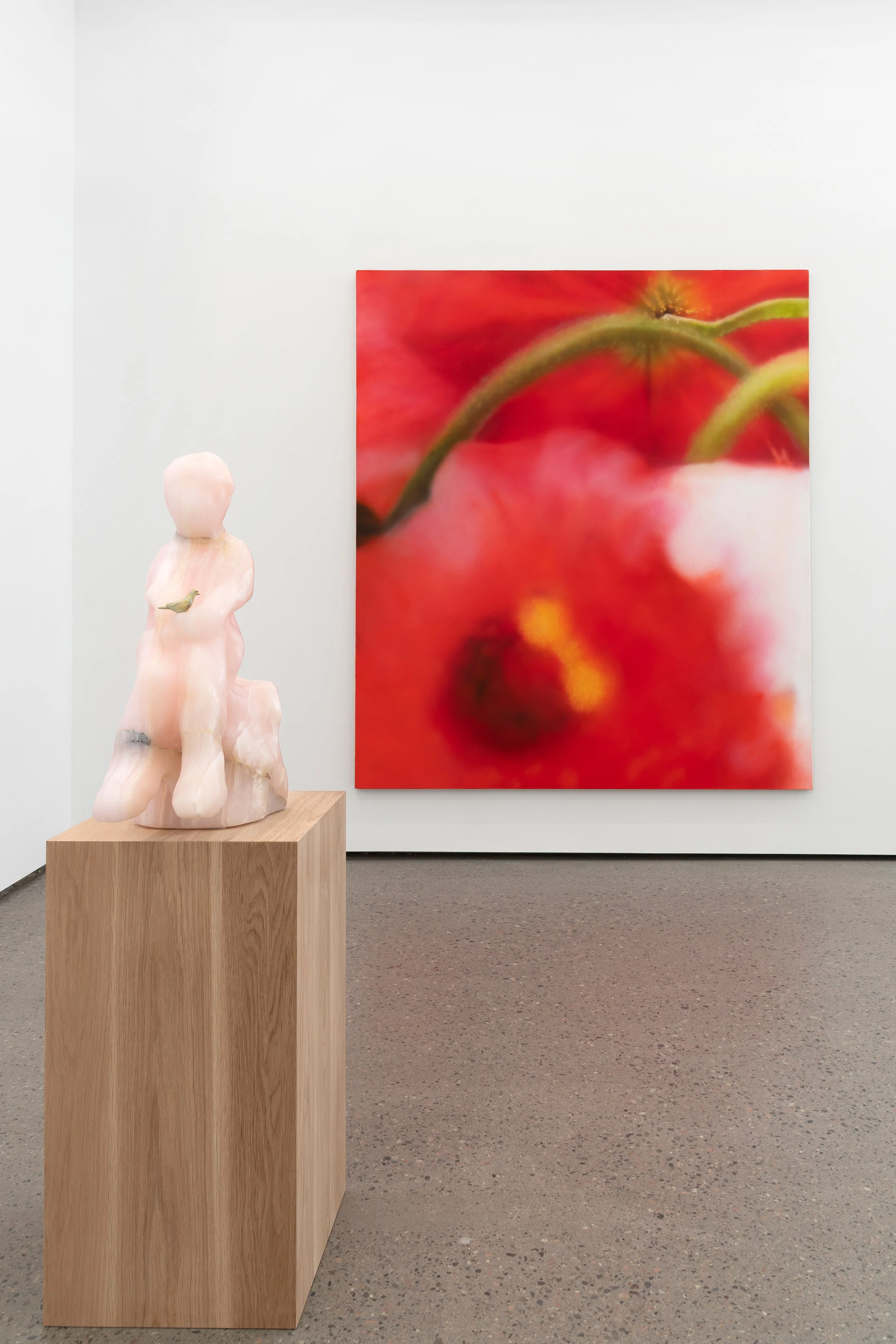 An art gallery displays a pink sculpture of a child-like figure and a large, blurry red flower photograph on the white wall behind