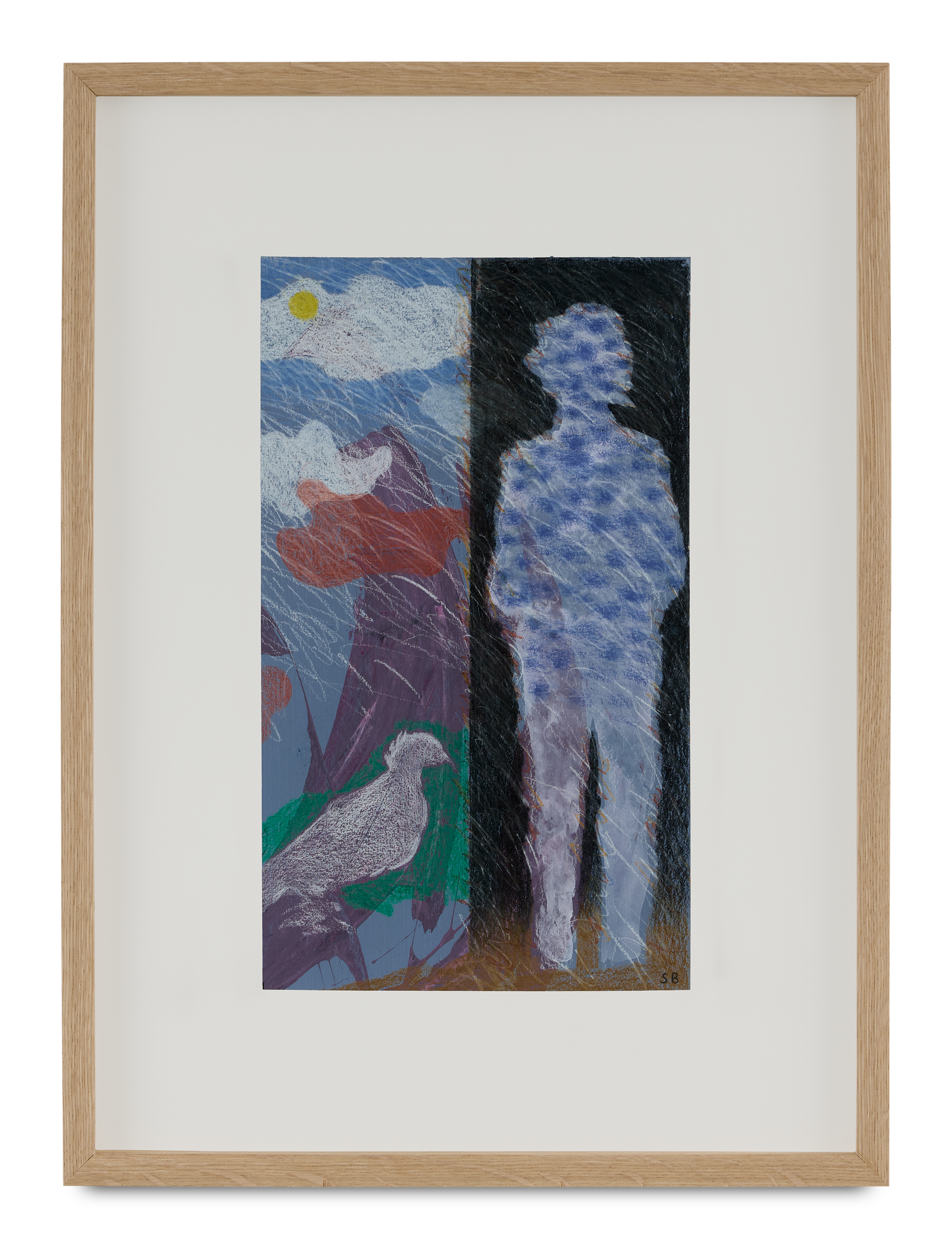 Abstract artwork of a woman with curly hair in black silhouette and a landscape with a white bird, mountains, and a sun, framed in wood.