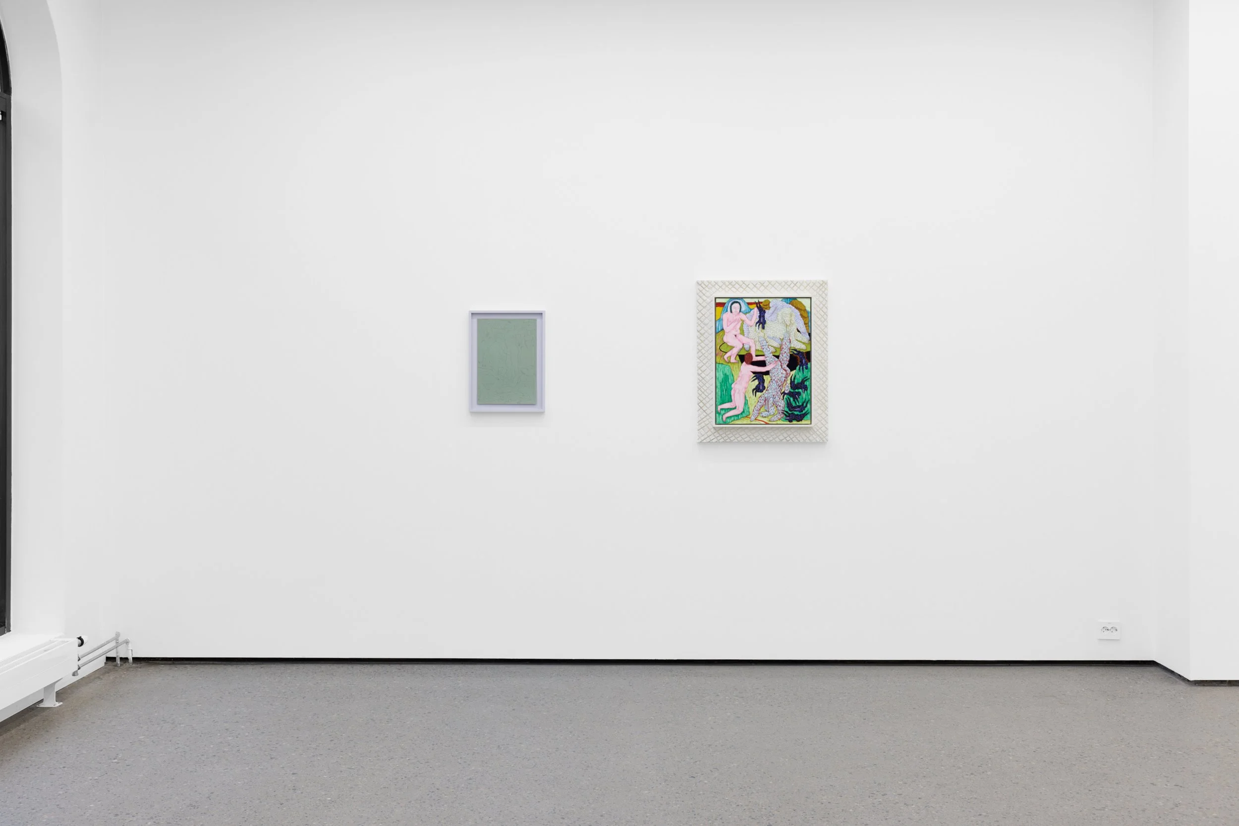 Two paintings on a white gallery wall, with gray carpeted floor.